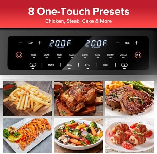12QT Large Dual Basket Air Fryer with Flex Basket, Viewing Window and 50PCS Paper Liners, 12-in-1 Family Size with Sync & Dual & Light, Double Zone for Bake, Roast, Reheat, Dishwasher Safe
