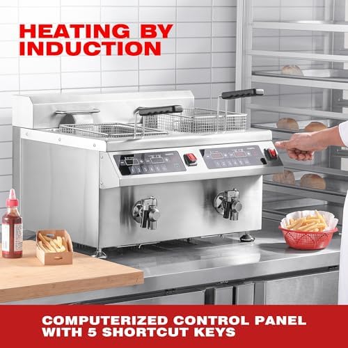 EGGKITPO 240V 7000W Commercial Induction Fryer 12L×2(25.4 QT) Electric Deep Fryer with Solid Baskets, 60 Minutes Timer Oil Drain Stainless Steel Bulid for Large Restaurant or Business Use