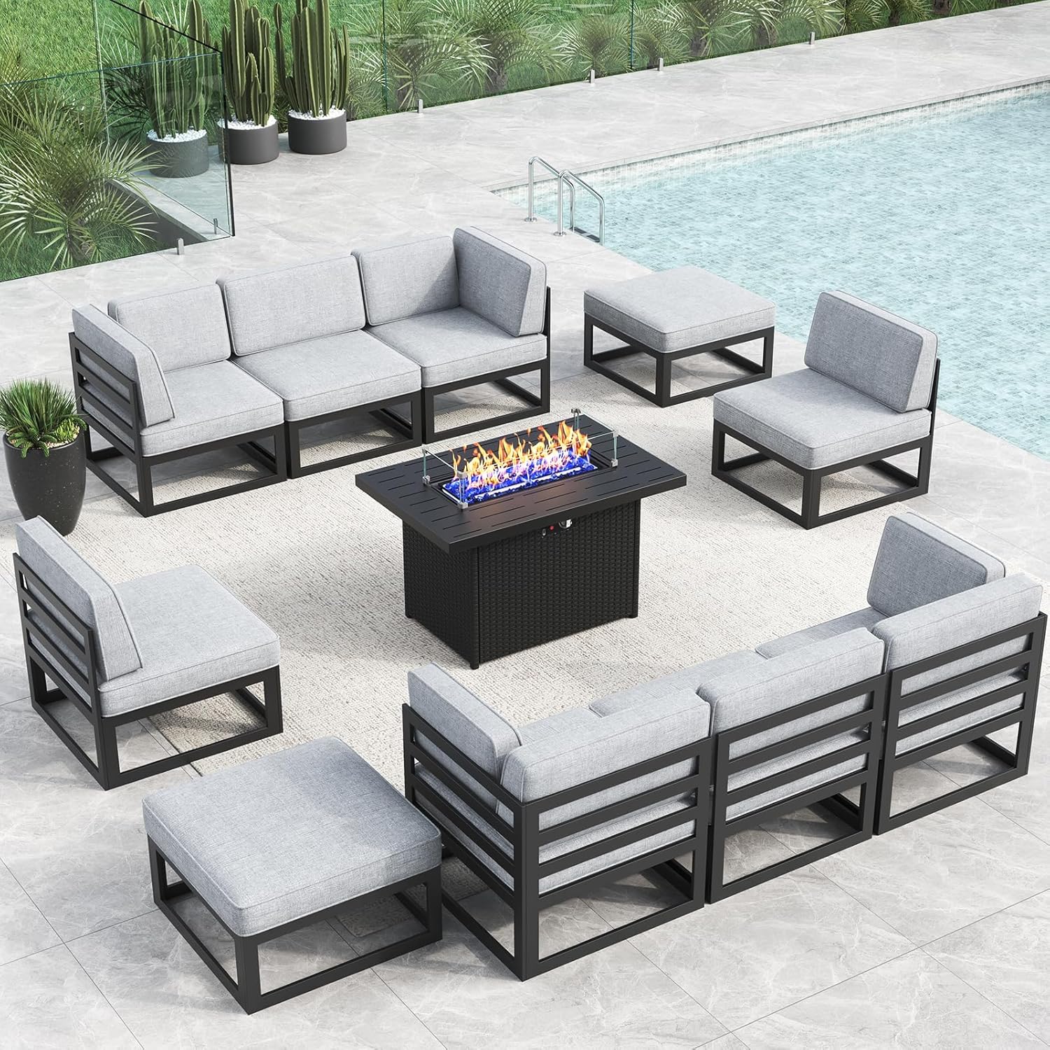 LayinSun Large Aluminum Patio Furniture Set with Fire Pit Table, 11 Pieces Modern Outdoor Conversation Set Sectional Metal Sofa Set with Olefin Cushion