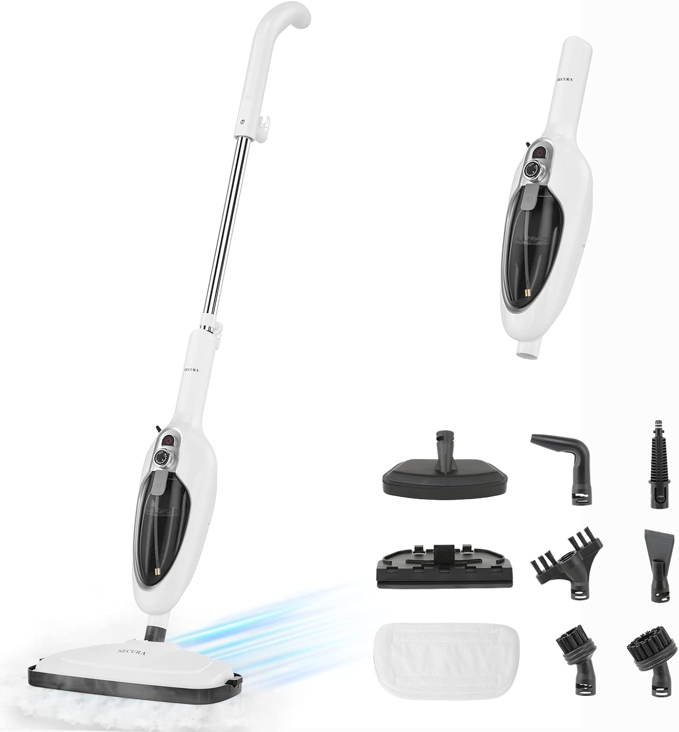 Secura Steam Mop 10-in-1 Convenient Detachable Steam Cleaner, White Multifunctional Cleaning Machine Floor Steamer with 3 Microfiber Mop Pads