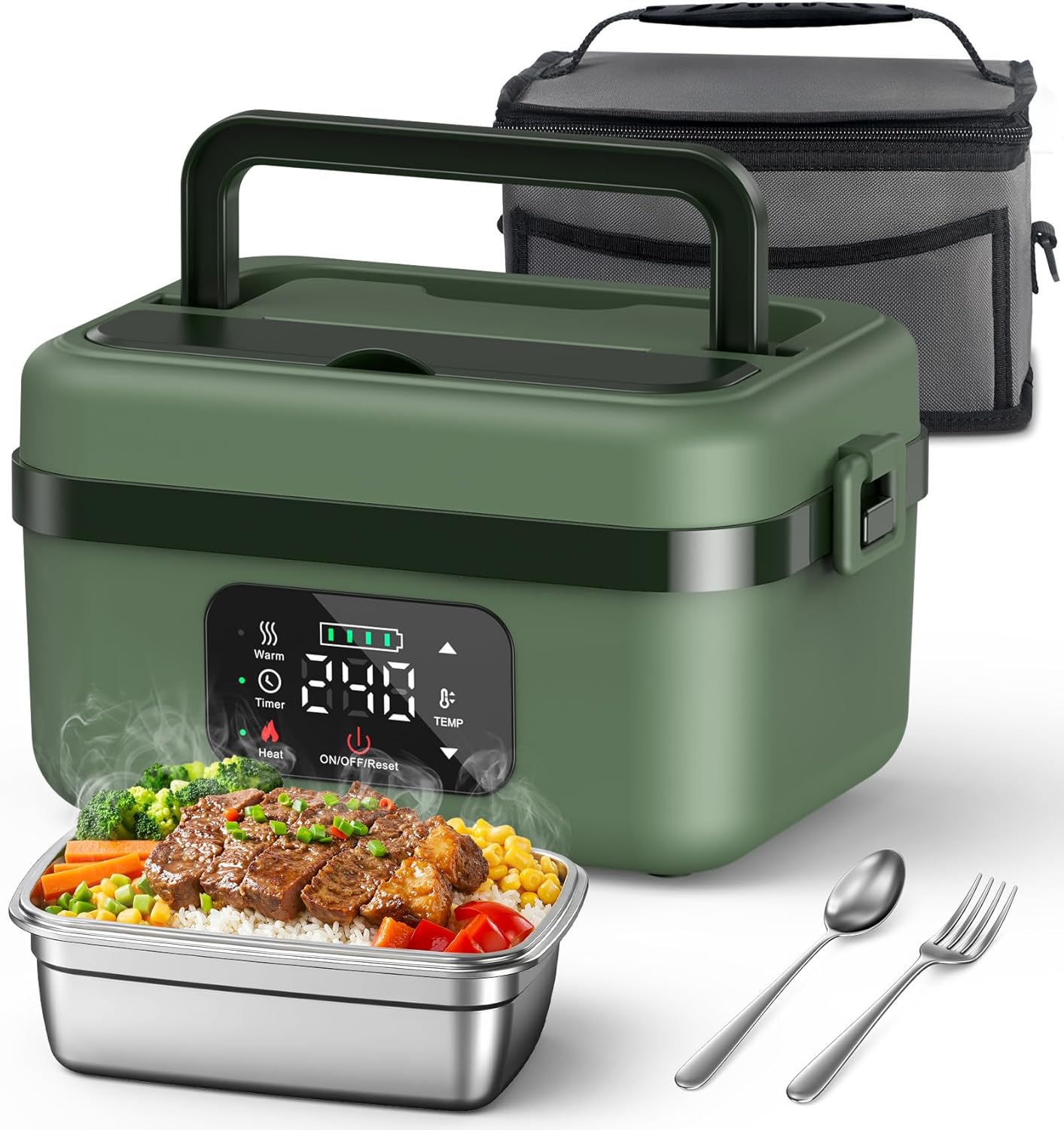 ODSD Cordless Electric Lunch Box for Adults, 16000mAh Rechargeable Self-Heating Lunch Box Food Warmer with Timer & Adjustable Heating, 34oz/1L Container with Insulated Bag for Office Car Outdoor