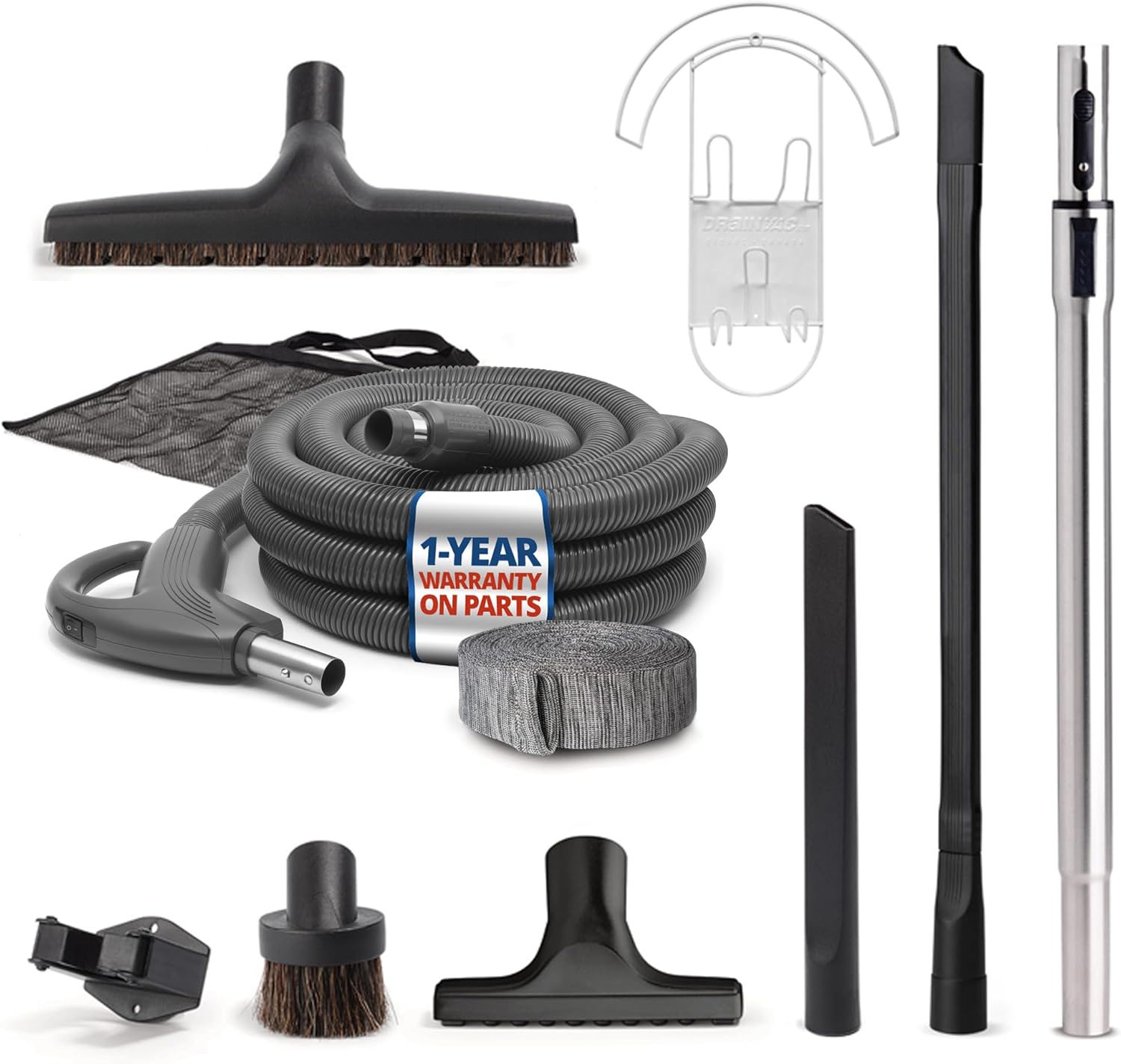 Drainvac Central Vacuum System Kit – Premium Central Vacuum Set with 30-ft Hose, Adjustable Wand, Floor Brush, Upholstery Tools, Mesh Storage Bag, and More – Fits Most Systems