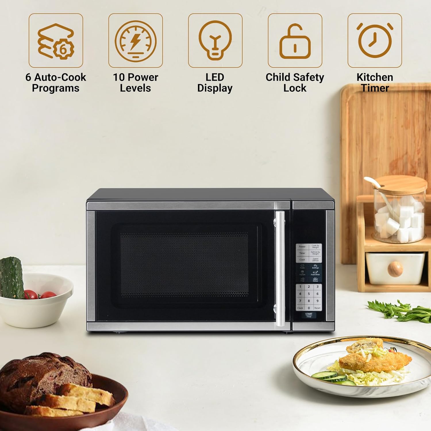 Microwave Ovens Countertop 0.7 Cu.Ft, 700W Small Microwave with 10 power levels, 6 Auto-Cook Programs in Smudge-Proof Stainless Steel, LED Display, Child Lock