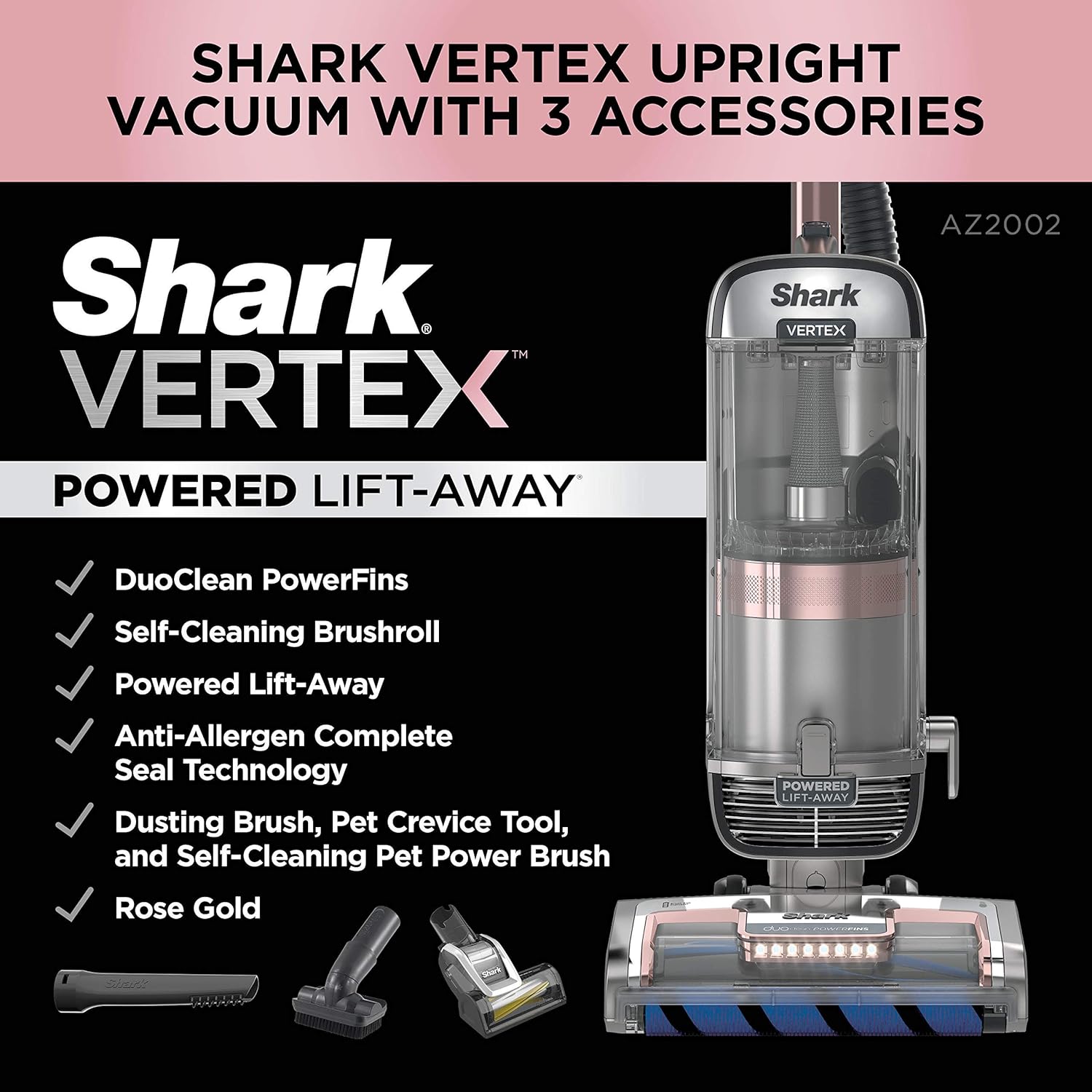 Shark AZ2002 Vertex DuoClean PowerFins Upright Vacuum with Powered Lift-Away Self-Cleaning Brushroll and HEPA Filter, 1 Quart Dust Cup Capacity, Rose Gold (Renewed)