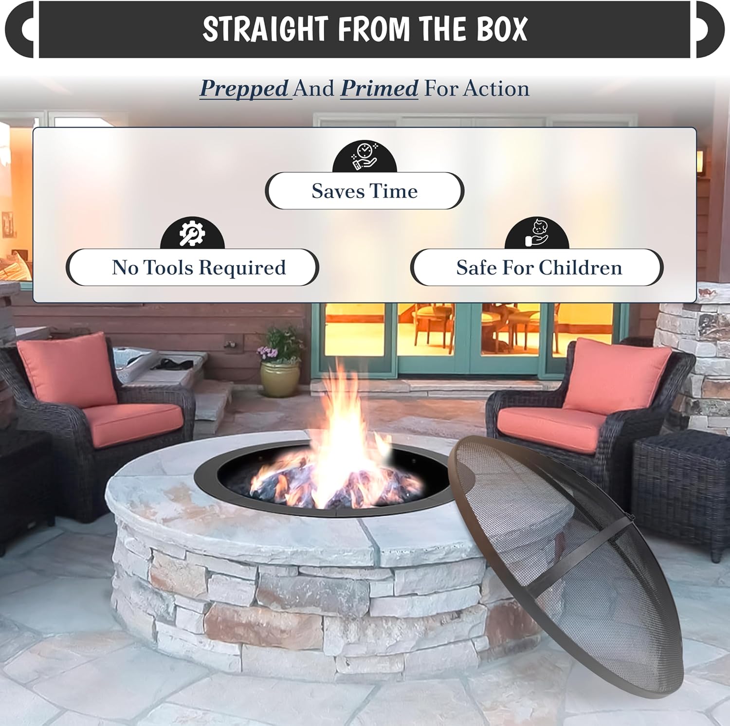 Fire Pit 36 inch Round - Fire Pit Spark Screen Fireplace Screen with Hook for Easy-to-Lift fire Pits Spark Screens 36