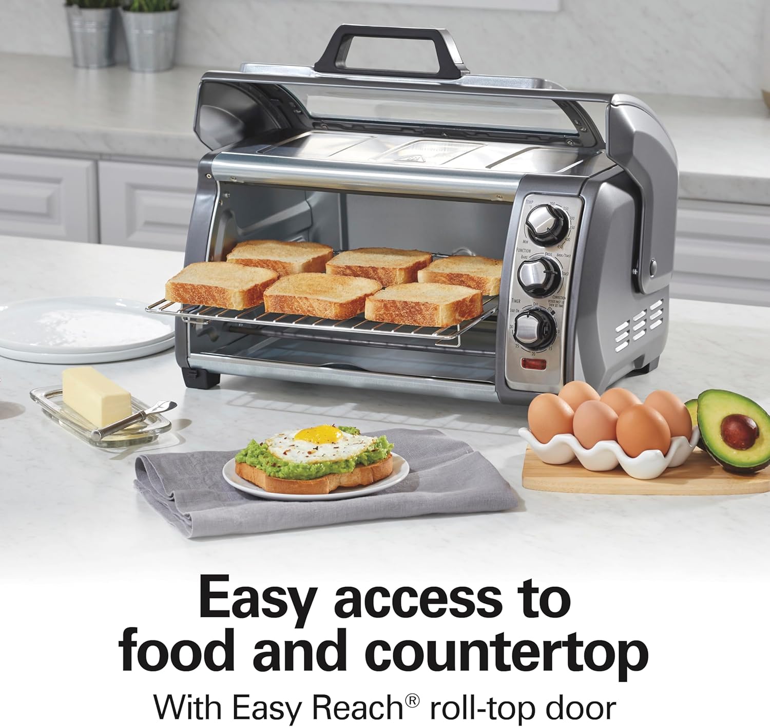 Hamilton Beach 6 Slice Convection Toaster Oven With Easy Reach Roll-Top Door, Bake, Broil & Toast Functions, Auto Shutoff, Silver (31123DA)