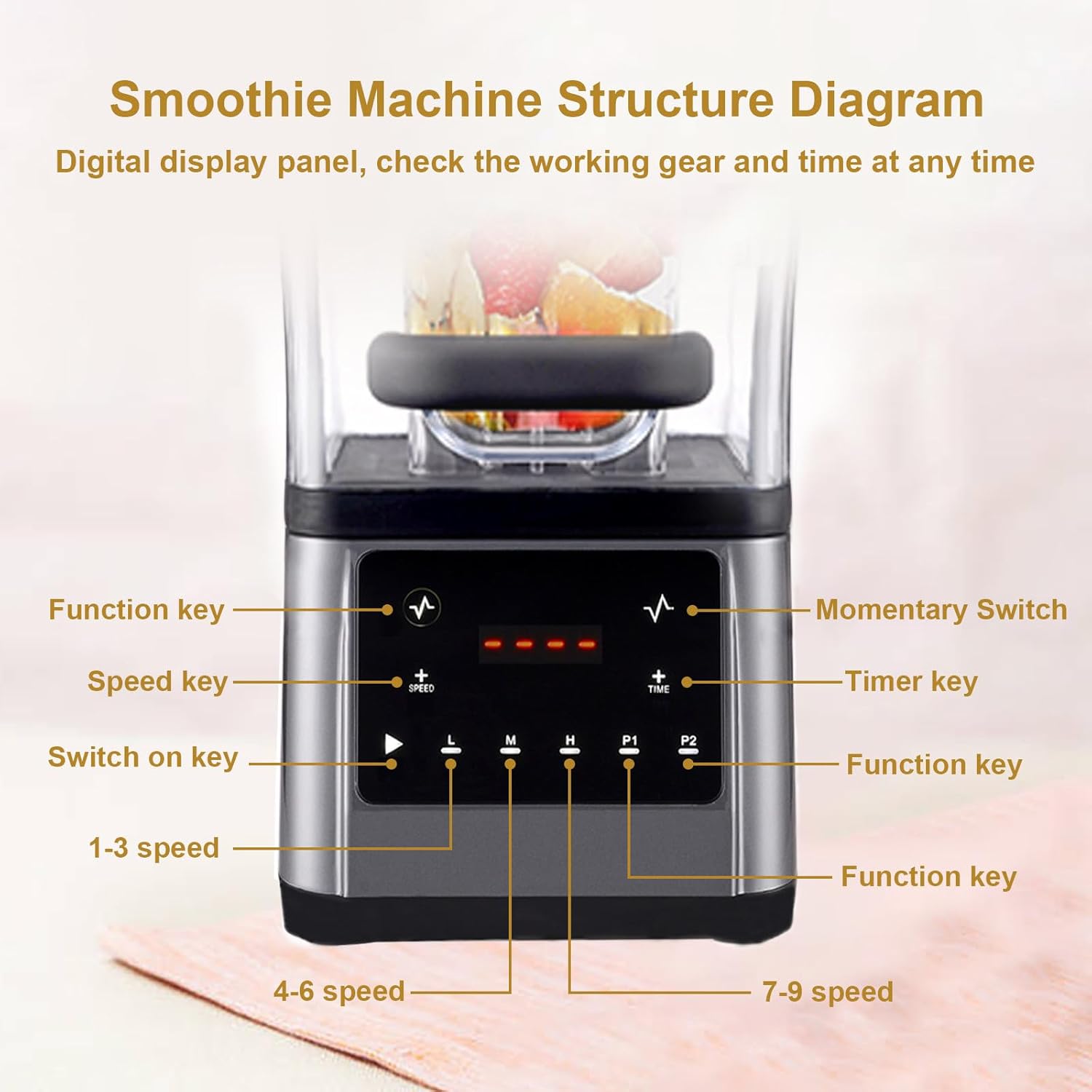 2200W Electric Kitchen Blender With Push Bar, 9 Speed Settings & Pulse Function, Stand Smoothie Mixer, Digital Display+1.6L Jug, For Smoothies, Meal Prep & Commercial Snacks