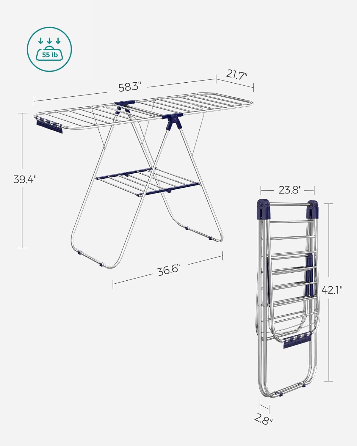 SONGMICS Clothes Drying Rack, with Sock Clips, Metal Laundry Rack, Foldable, Space-Saving, Free-Standing Airer, with 2 Height-Adjustable Gullwings, Indoor Outdoor Use, Silver and Blue ULLR52BU