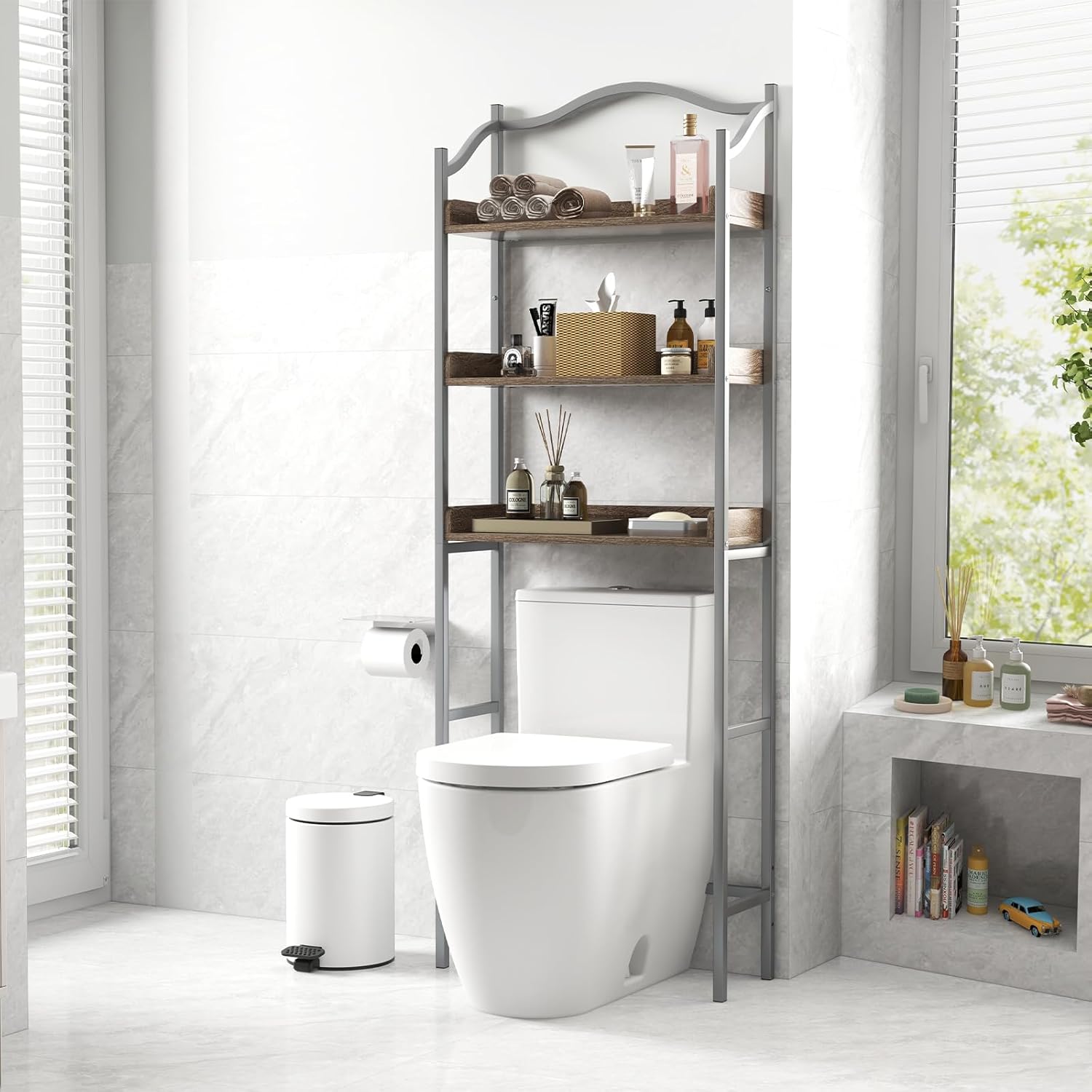 Giantex 3-Tier Over-The-Toilet Rack, Freestanding Bathroom Space Saver W/ 3 Open Shelves & Sturdy Metal Frame, Mid-Century Storage Rack for Bathroom, Laundry Room, Easy Assembly (Sliver)