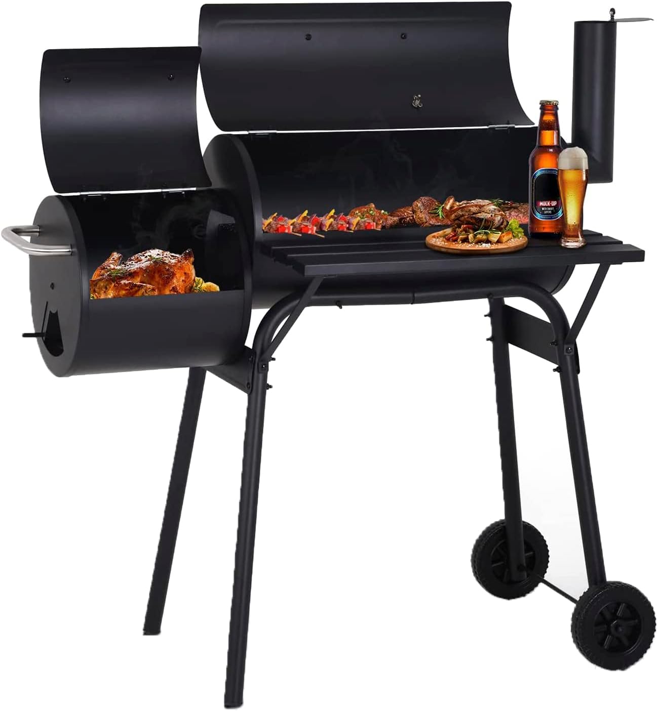 Charcoal Grills Portable Outdoor BBQ Grill Offset Smoker with Wheels Side Fire Box & Temperature Monitor, Small Barbecue Grill for 8-12 People Picnic Camping Patio Backyard Cooking