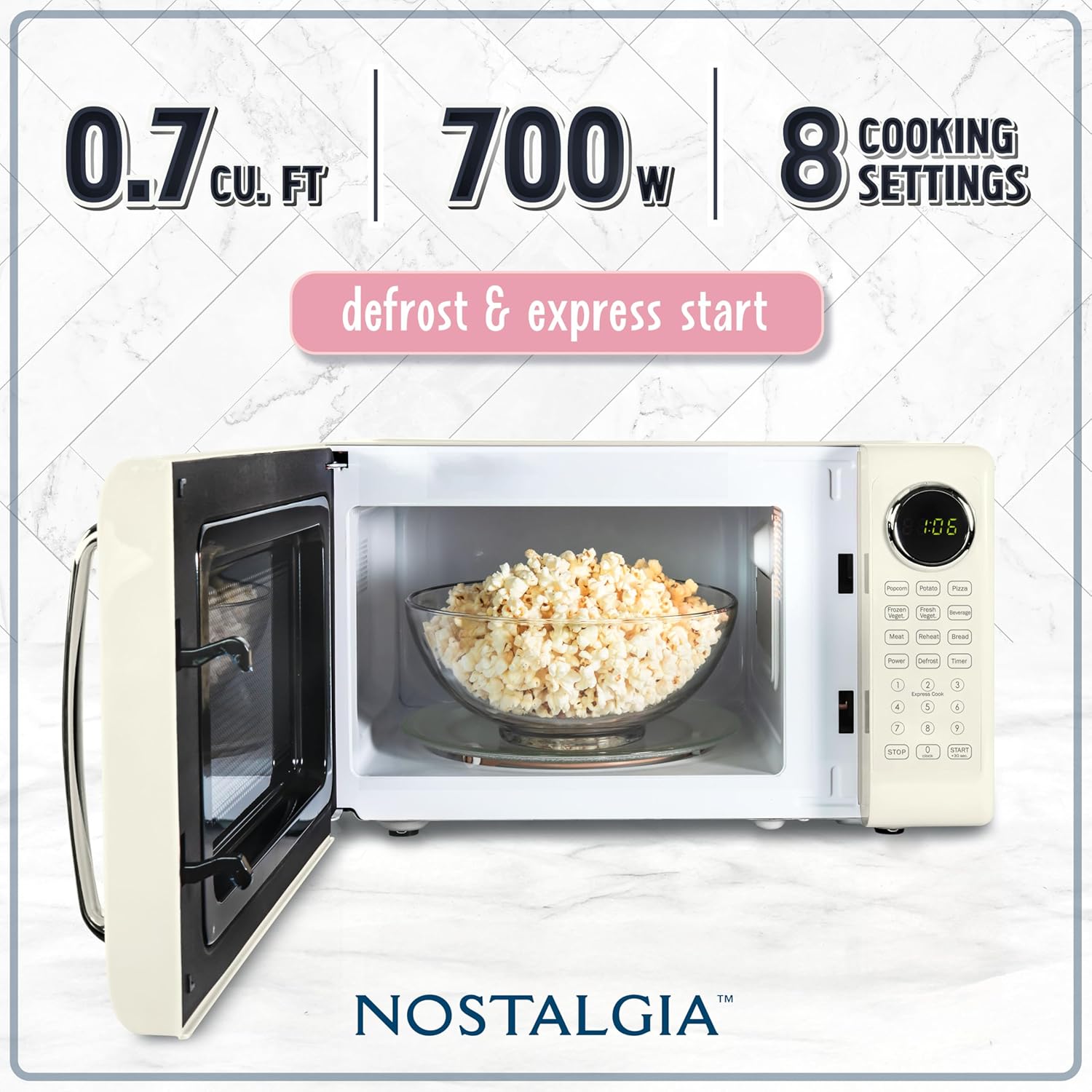 Nostalgia Retro 700W Microwave Oven 0.7 Cu Ft Capacity – Child Safety Lock, 8 Auto-Cook Settings – Countertop Kitchen Appliance – Ivory