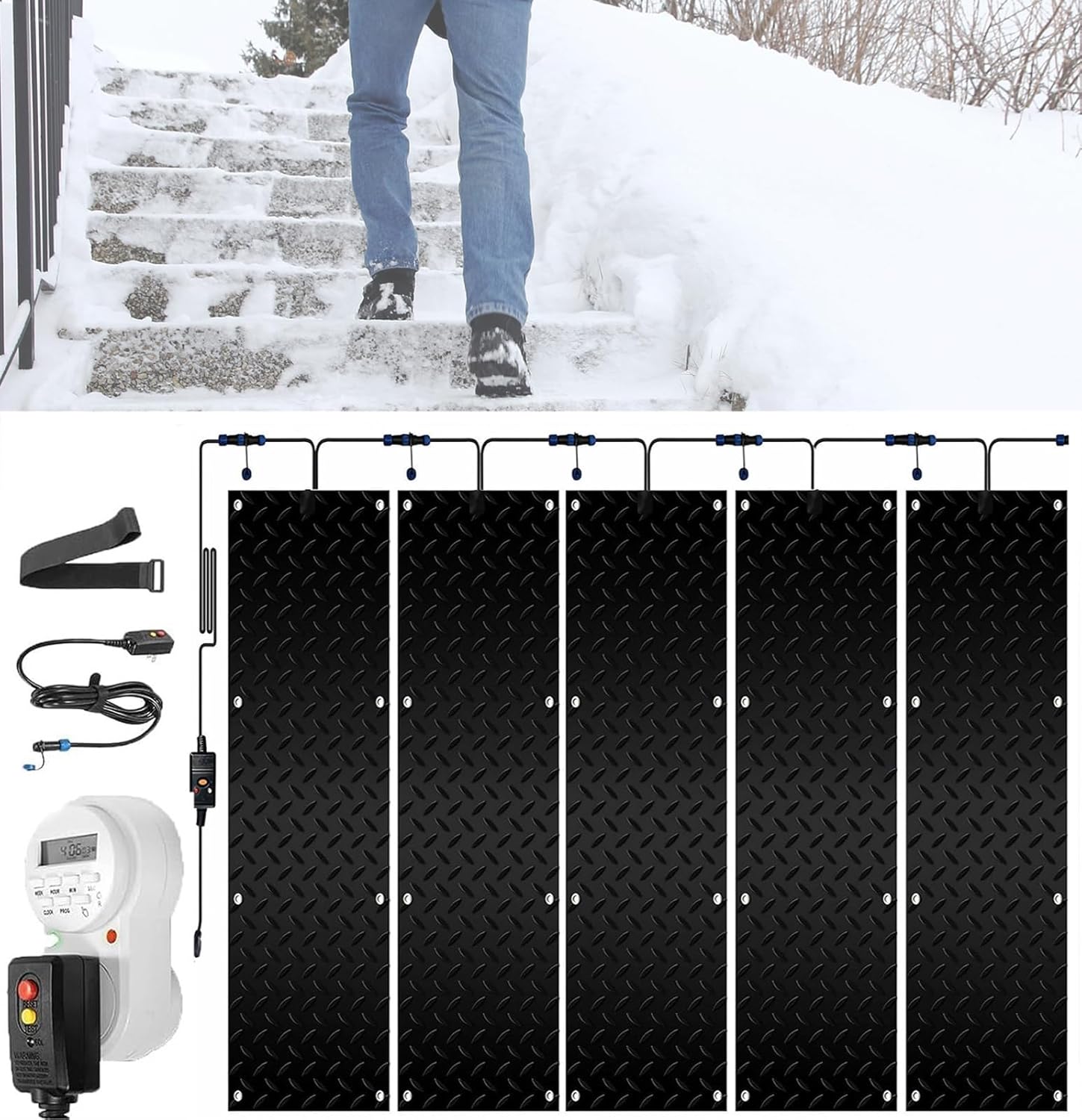 Snow Melting Mat with Timer, 1/2/3/4/5 Pcs Heated Walkway Mat, Rubber Heated Mat with Power Cord, Snow and Ice Melting Mat,No-Slip Heating Entrance Mats for Winter Outdoor Stairs(5 Pcs,12x48in