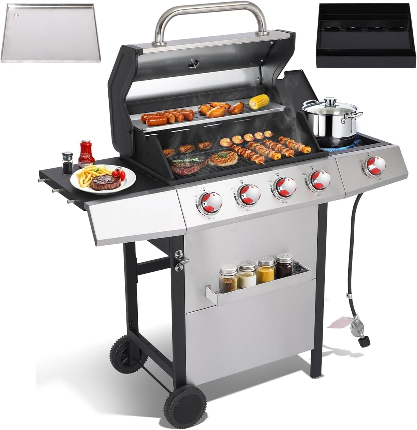 Griddle Grill Combo, Propane Gas and Charcoal Grill Combo, Outdoor BBQ Grills, 4 Burner Propane Stove with Griddle, Cast Iron Grates, Side Burner & Prep Space