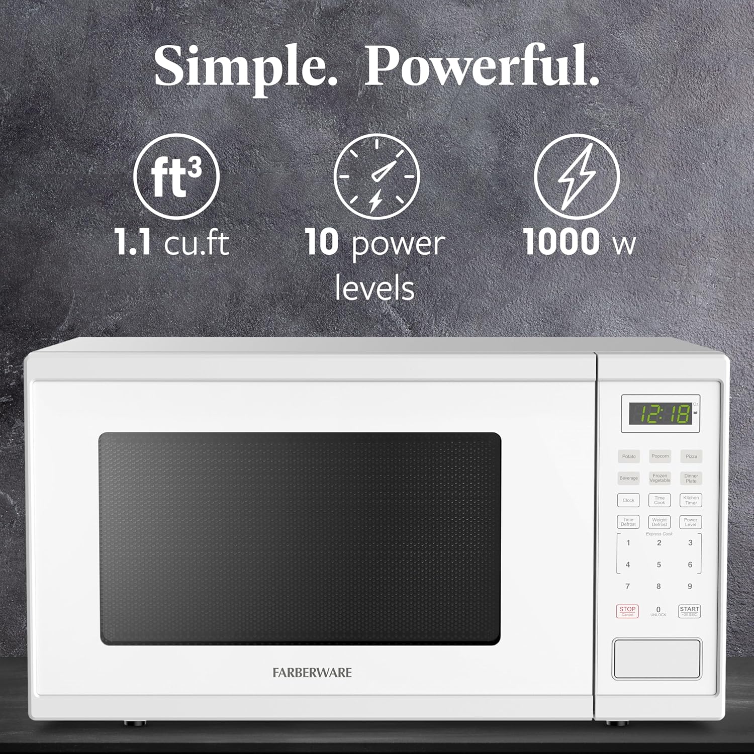 Farberware 1.1 Cu. Ft. Countertop Microwave Oven – 1000 Watts Power, Auto Cook Settings, Defrost, Easy Clean and Child Safety Lock - White