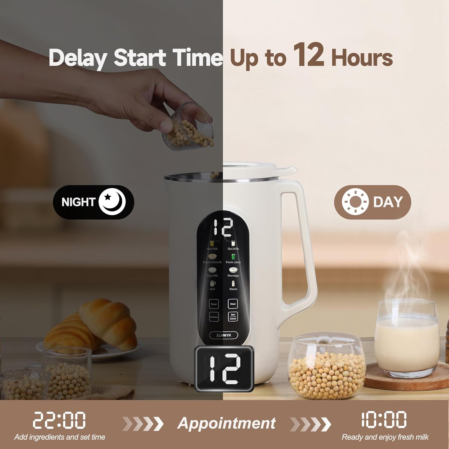 ZLWNYK 8 in 1 Nut Milk Blender, 34 oz homemade almond, oat, soy, coconut, plant-based milk, and non dairy beverages, with a 12 hour timer/self-cleaning/warming/hot water function