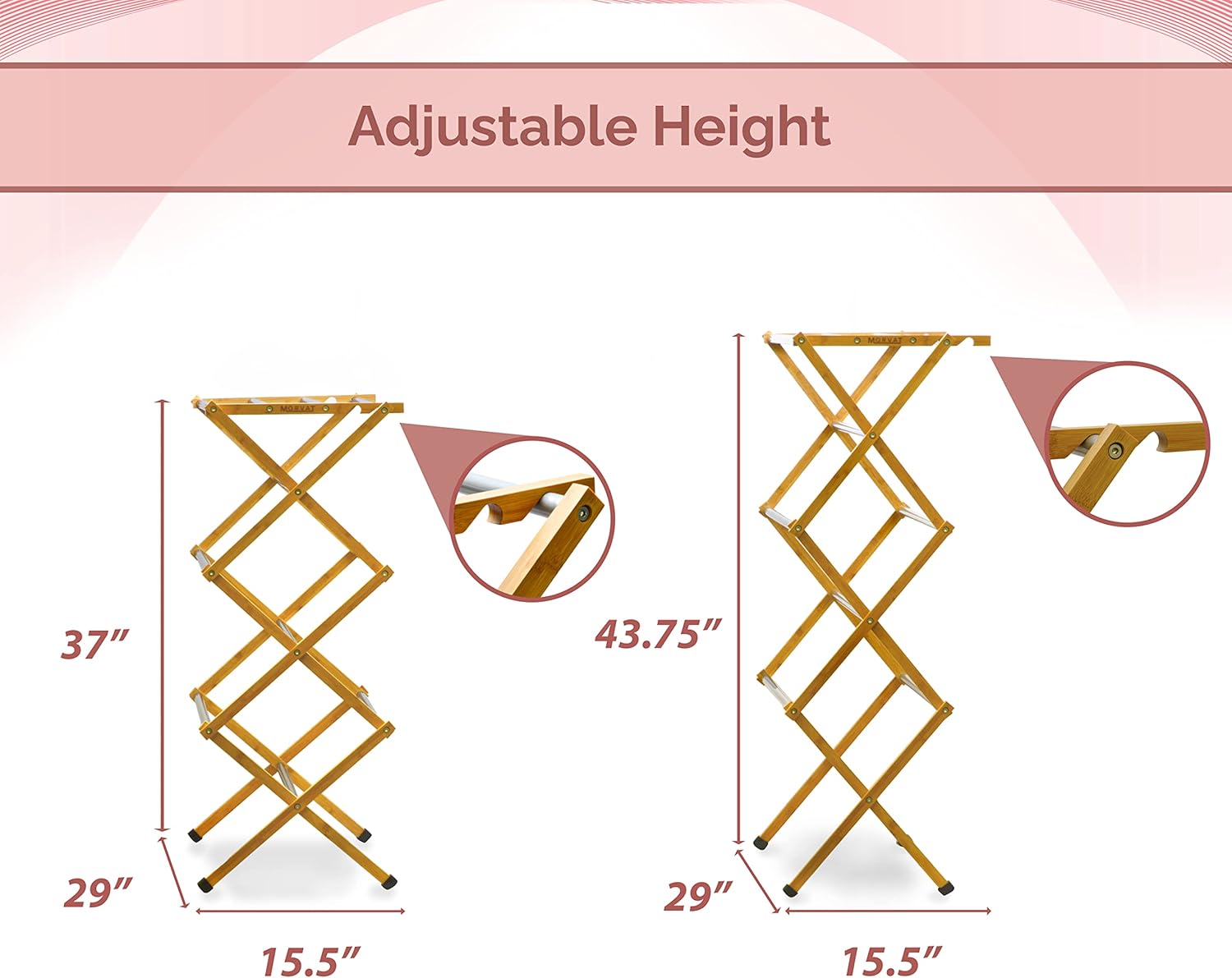 Morvat Premium Bamboo Wooden Folding Clothes Drying Rack with Metal Poles, Fully Assembled, Anti-Slip Grips, Adjustable Height, 11 Poles with 23FT of Drying Space for Laundry, Collapsible