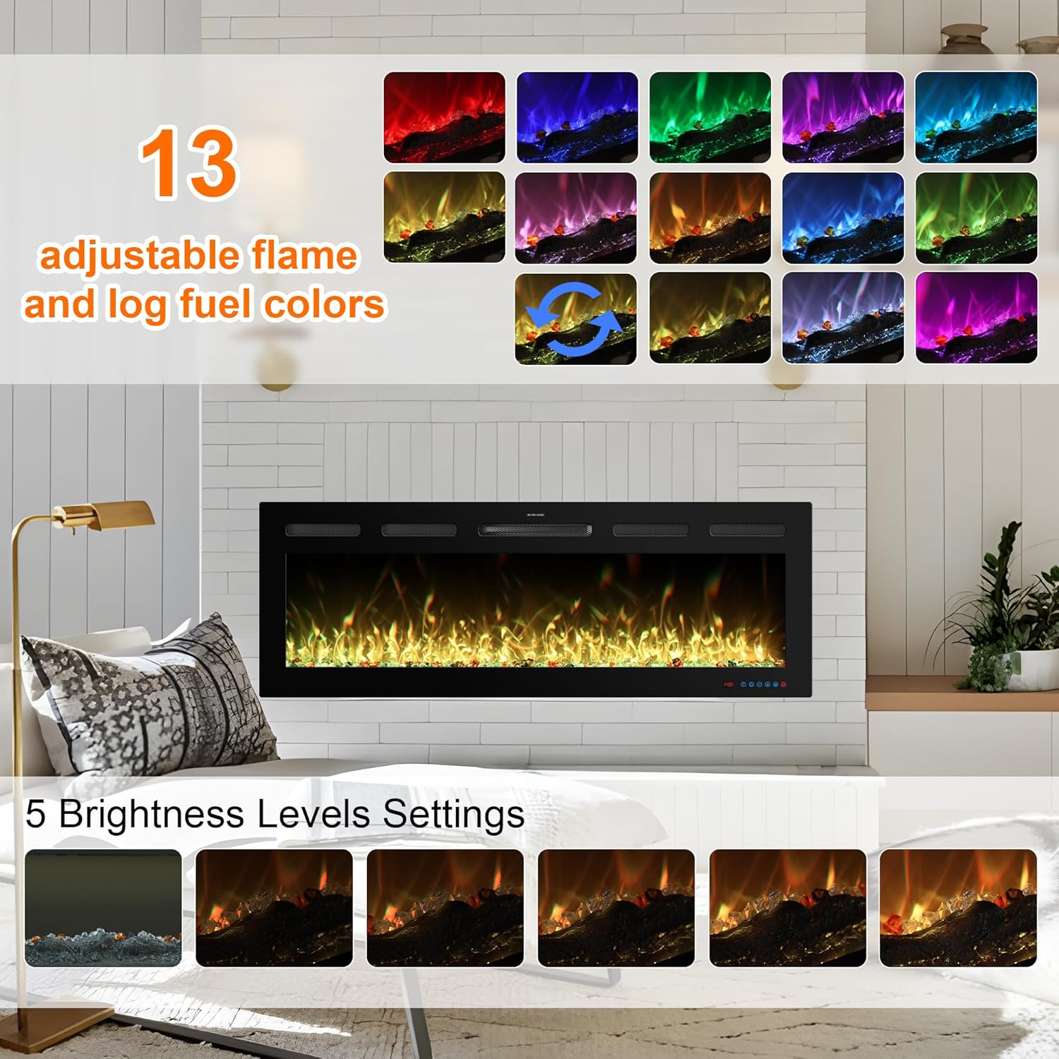 95 Inch WiFi-Enabled Recessed Electric Fireplace Inserts with Log Speaker,Wall Mounted & Freestanding Fireplace Heater,13 Adjustable Colors,5 Brightness Levels,Timer,750/1500w, Log & Crystal