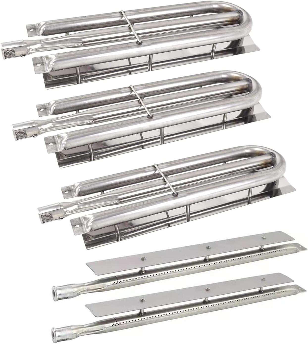 Gas Grill Burners Replacement for Viking VGBQ 30 in T Series, VGBQ 41 in T Series, VGBQ 53 in T Series and Others, 3 Pack U-shape Centre Burner + 2 Pack Straight Burner