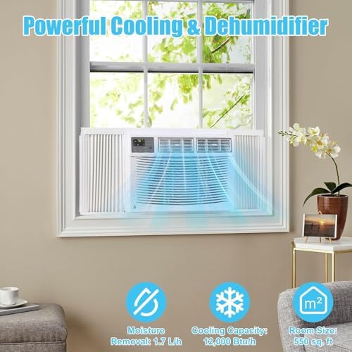 12,000 BTU Window Air Conditioner 115V, Fastcooling for 550 Sq.Ft Room, Wi-Fi Enabled Remote Control, Reusable Filter, Perfect for APT, Living Room, Office