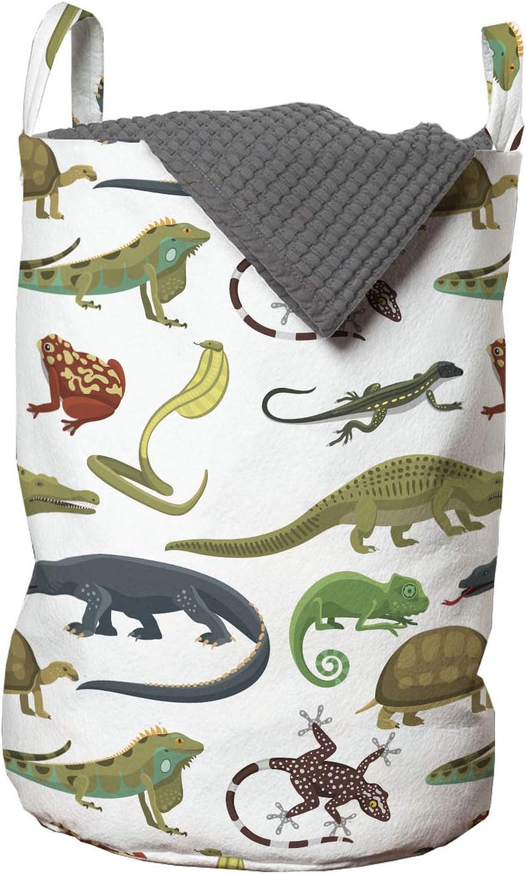 Lunarable Animal Print Laundry Bag, Cartoon Pattern of Reptiles and Amphibians Snake Frog Lizard Gator Tortoise, Hamper Basket with Handles Drawstring Closure for Laundromats, 13