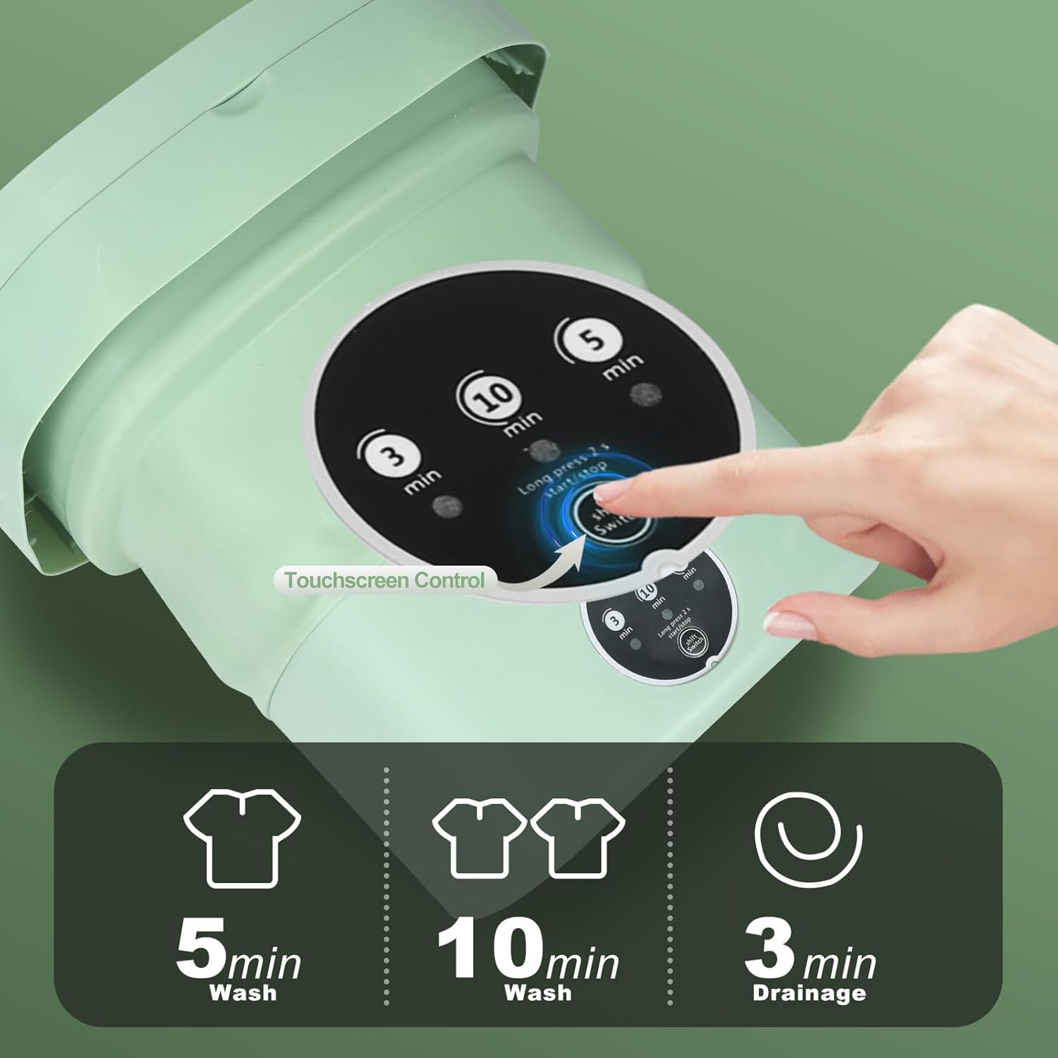 Mini Portable Washing Machine, 9L Foldable Washer with 3 Modes, Ideal for Baby Clothes, Underwear, Socks, Space-Saving Design for Home, Apartment, Hotel, Camping & Travel (Green)