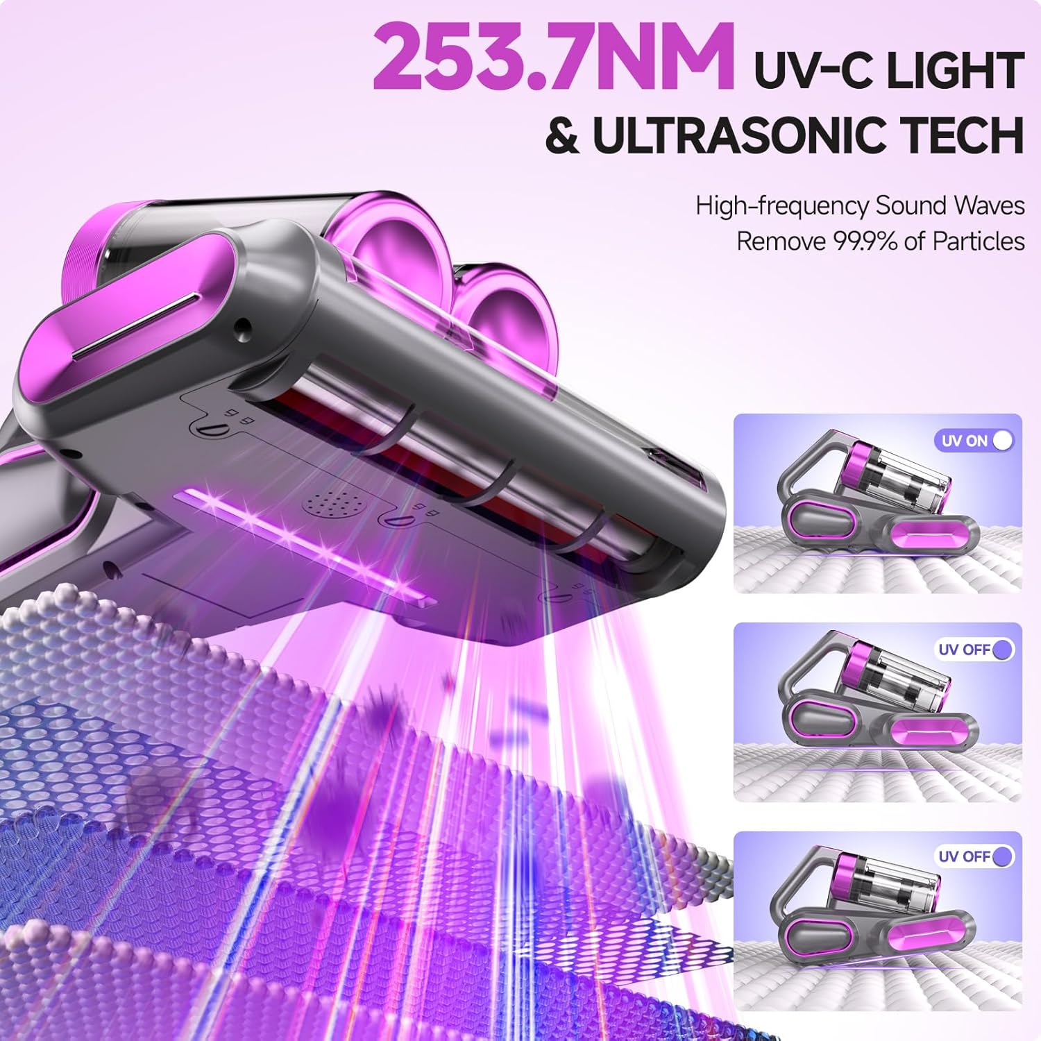 Mattress Vacuum Cleaner - 16Kpa Bed Vacuum with 253.7nm UV-C Light, 140°F Heat, Ultrasonic Tech & Hepa Filter, Portable Handheld Couch Cleaners for Pet Carpet Sofa Hair Home (Purple-Cordless)