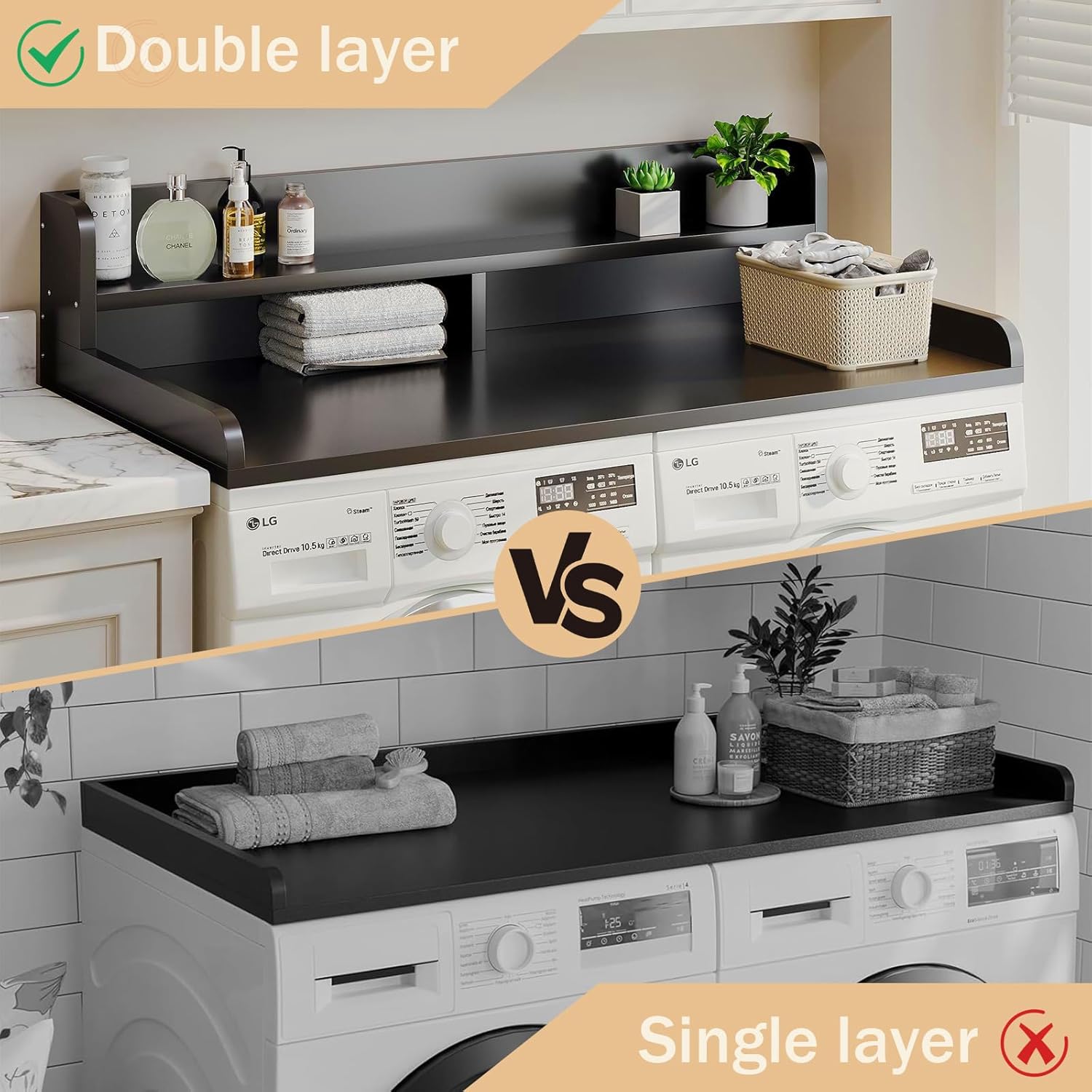 Washer and Dryer Countertop, 2 Tier Laundry Room Wood Countertop with 6*Anti-Slip Mats, Laundry Topper for Washer and Dryer for Folding Clothes, 54