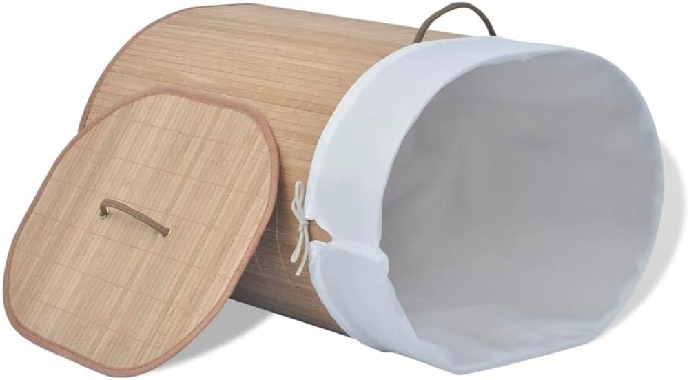 Bamboo Laundry Bin Oval Natural with Removable Liner and Foldable Design, 1 Piece Woven Polyester Fabric Hamper for Home Organization and Storage