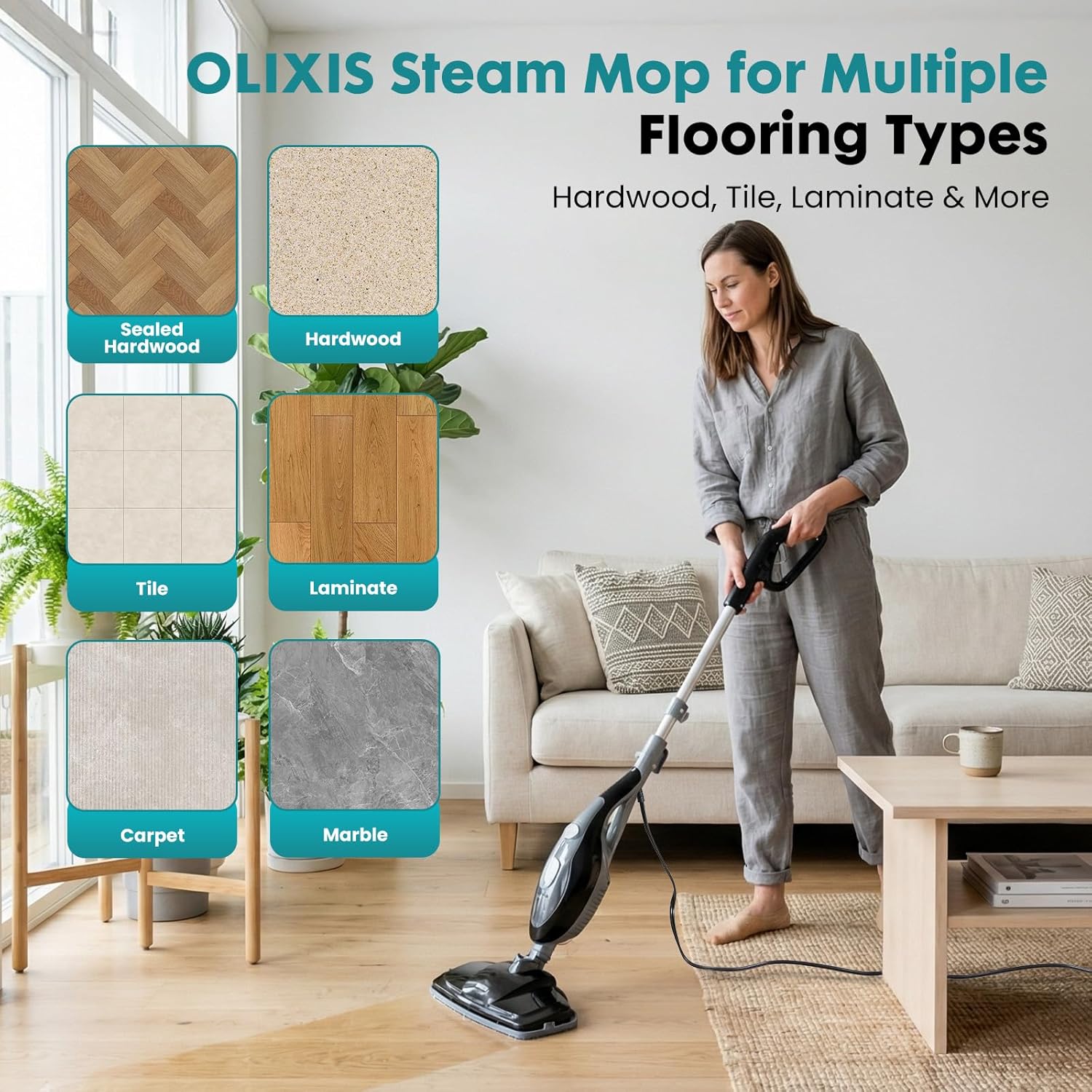OLIXIS 10-in-1 Steam Mop, 1550W Detachable Handheld Steam Cleaner for Floor Cleaning, 16.4FT Cord, 2 Washable Pads, Multi-Purpose Floor Steamer for Hardwood, Carpet, Tile, Grout, Windows, Black Grey