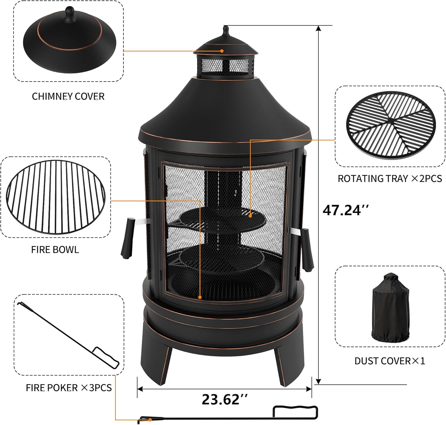Outdoor Wood Burning Chiminea Fire Pit,24 Inch Metal Fireplace with Adjustable Grill Tray, Spark Screen Door & Fire Poker,Chiminea Firepit for Patio, Garden, Backyard,Black