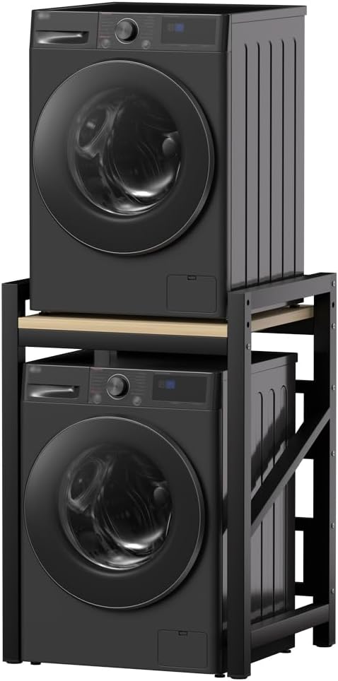 Over The Washer and Dryer Storage Shelf, Height Adjustable Machine Stacking Rack, Space Saver Metal Frames (Black)