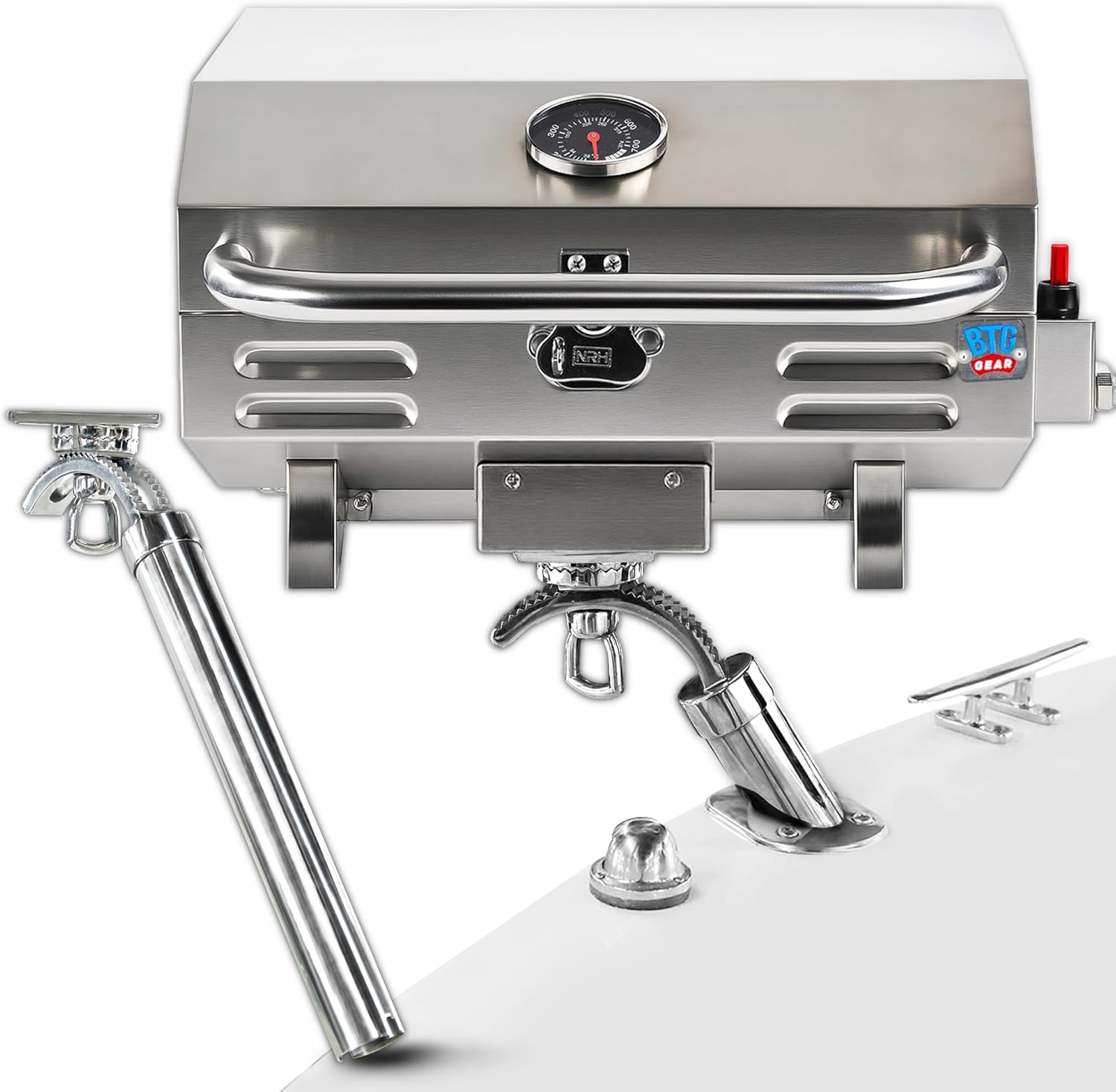 Tailwaves Marine Grill w/Rod Holder Mount | Stainless Steel | Propane BBQ for Boats & Tailgating & Camping | Built in Thermometer | Portable | Fold-away legs