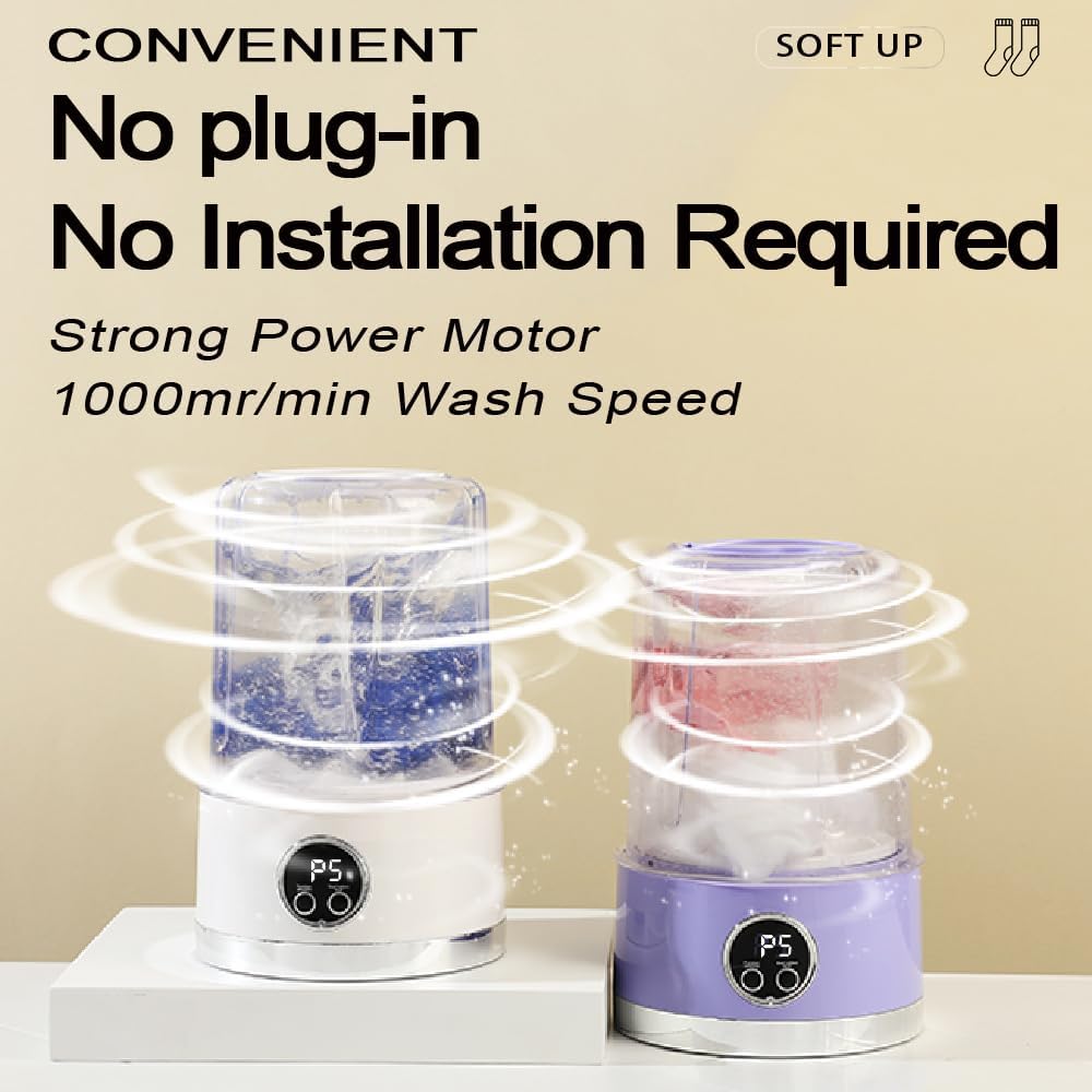 Portable Mini Washing Machine 1000ml Handheld Washer Cup Rechargeable Fast-Cycle Cleaning for Travel Camping (White)