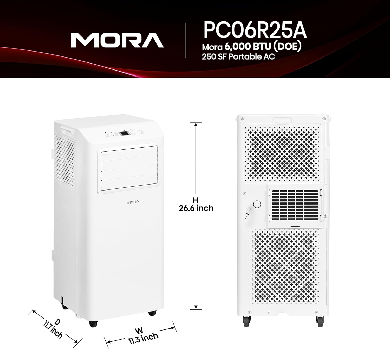 Mora Mora by Hisense 6,000 BTU (DOE), 8,800 BTU (ASHRAE), Portable Air Conditioner, 3 Operating Modes (Cool, Dry, Fan), Cools up to 250 SF, Remote Control and Window Vent Installation Kit Included