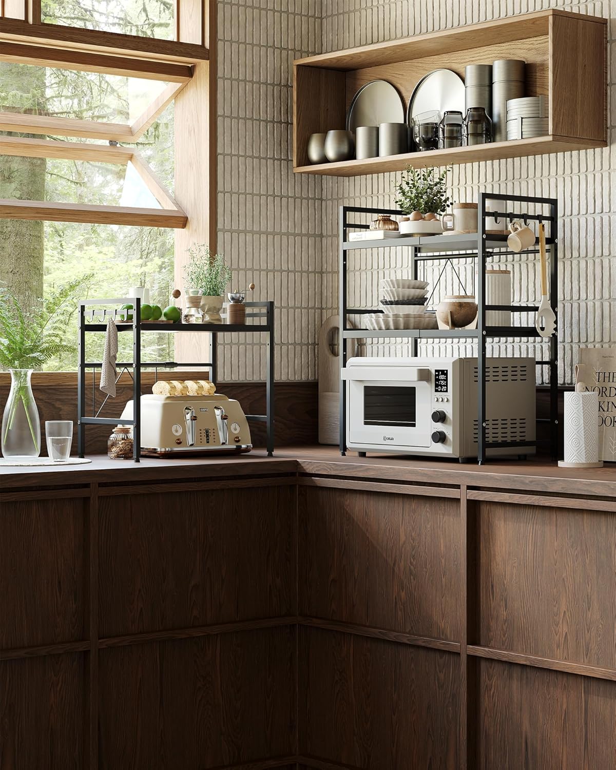 NETEL 2 Pcs Expandable Microwave Stand,3 Tier Metal Kitchen Countertop Organizer Shelves with 8 Hooks,Bakers Rack,Microwave Shelf,Microwave Oven Rack,110lbs Weight Capacity,Black