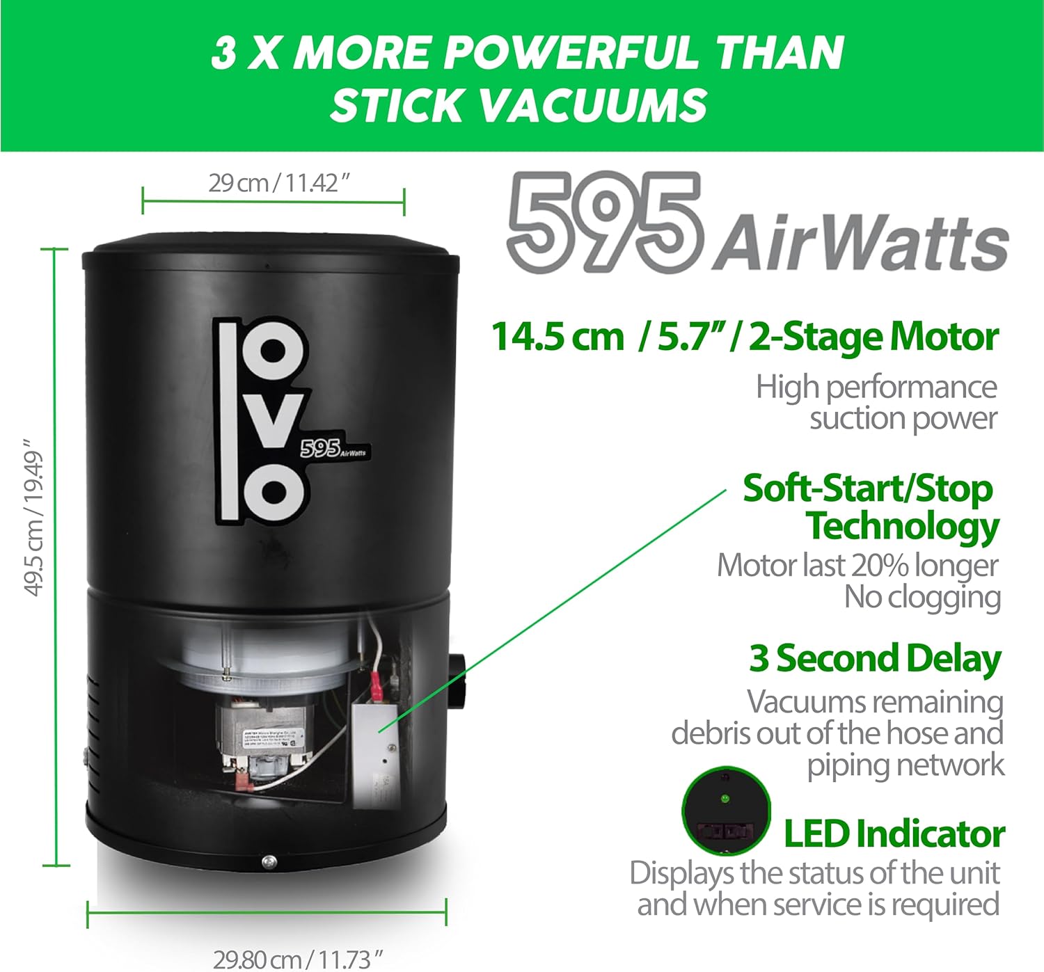 OVO Wall Mounted House Vacuum Cleaner, fits in Closet and Tight Spaces, 595 Airwatts, Use with Disposable Filtration Bags, 18L / 4.75 gal, with 40 ft Carpet Deluxe Accessory kit Included