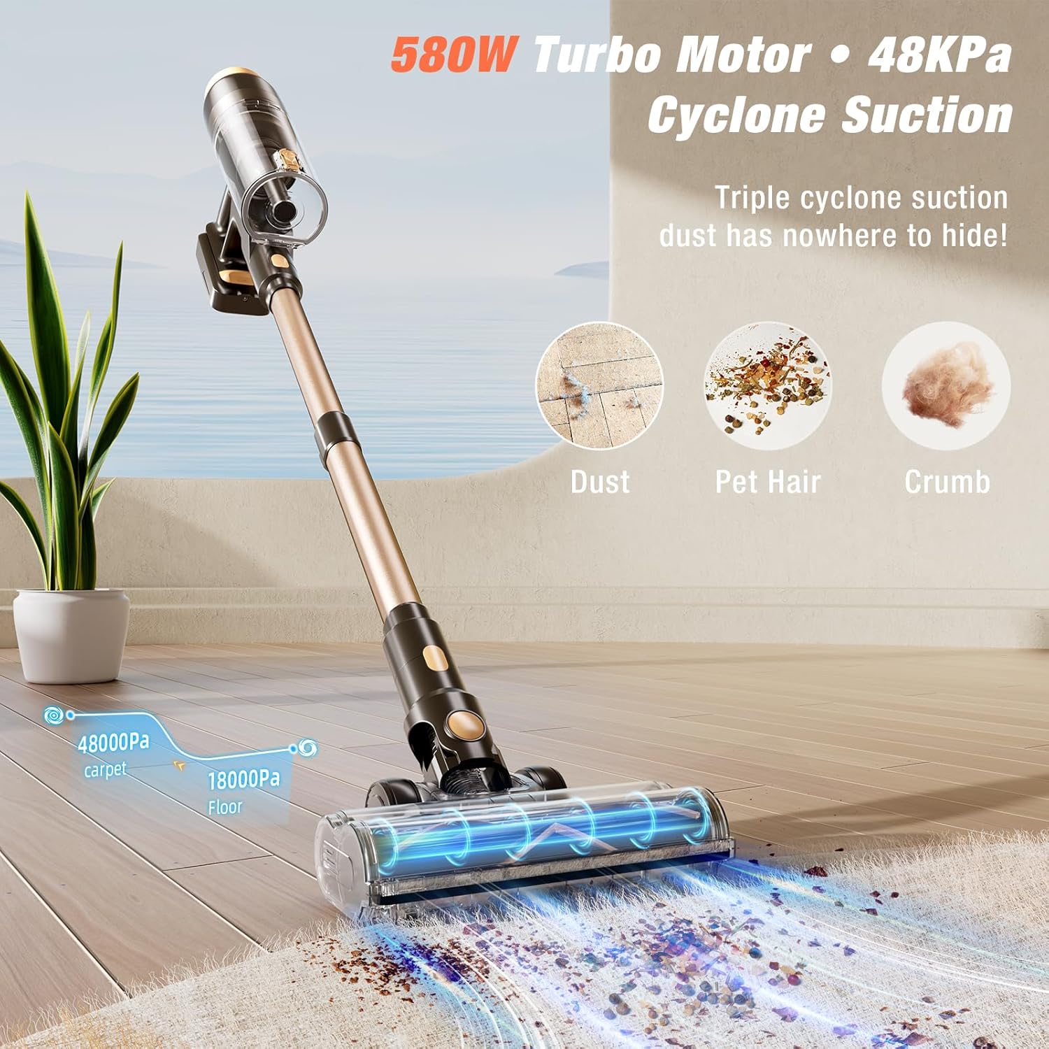 Cordless Vacuum Cleaner, Upgraded 600W 50KPA 70Mins Vacuum Cleaners for Home, Self-Standing Stick Vacuum, Wall Mount Charge & Touch Screen, Anti-Tangle for Pet Hair Carpet Hardwood Floor Car