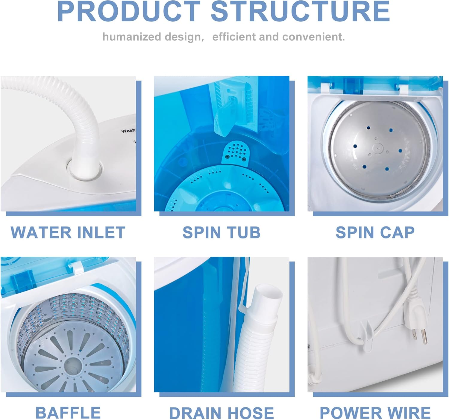 HomGarden Portable Washing Machine, Mini Compact Twin Tub 9.9 lbs Laundry Washer Spain Spinner Washing Machine, Gravity Drain Pump and Drain Hose