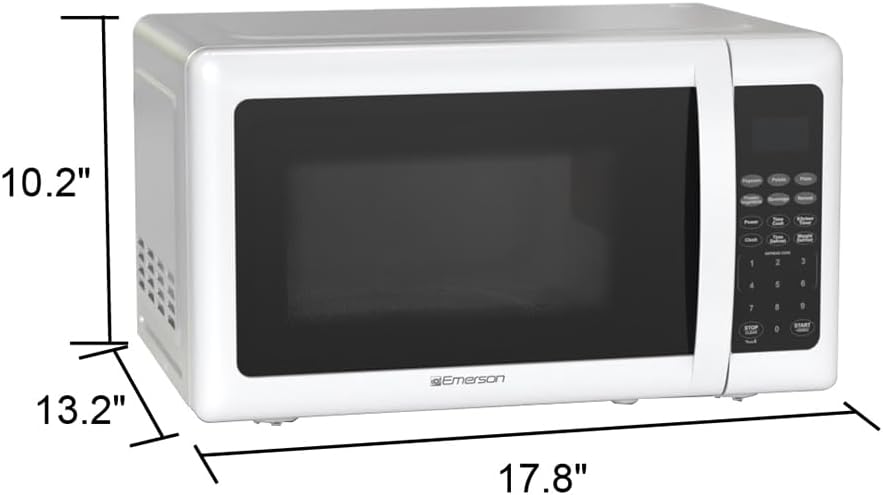 Emerson MW7302W Compact Countertop Microwave Oven with Touch Control, LED Display, 700W, 10 Power Levels, 6 Auto Menus, Glass Turntable and Child Safe Lock, 0.7 Cu., Ft. White