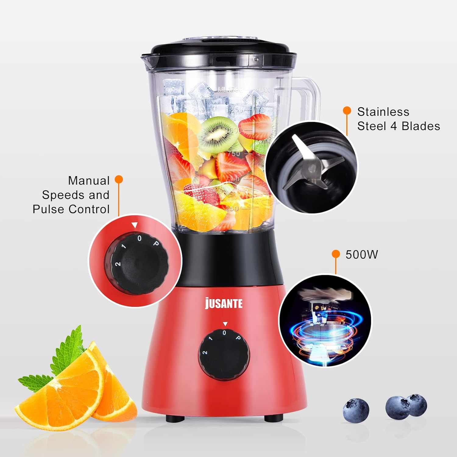 Blender for Smoothies, Small Blender with 500W Motor for Milkshake Desserts Nut Butter, Cocktails Sauces (Red)