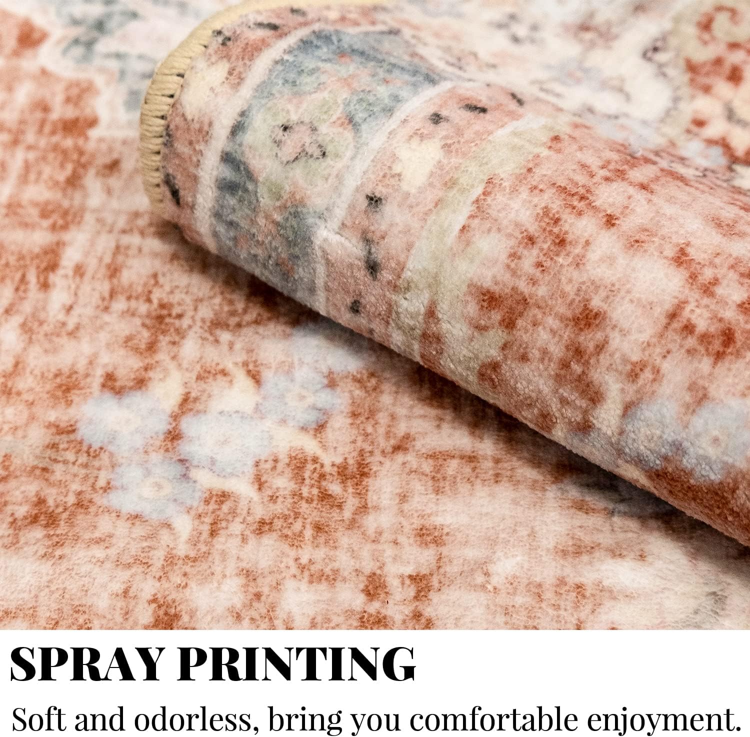 MUJOO Boho Rug 3'x5' Machine Washable Area Rugs Small Non Slip for Entryway Bedroom Bedside Kitchen Hallway Living Room Laundry Indoor Mat Soft Low-Pile Floral Orange Navy Blue