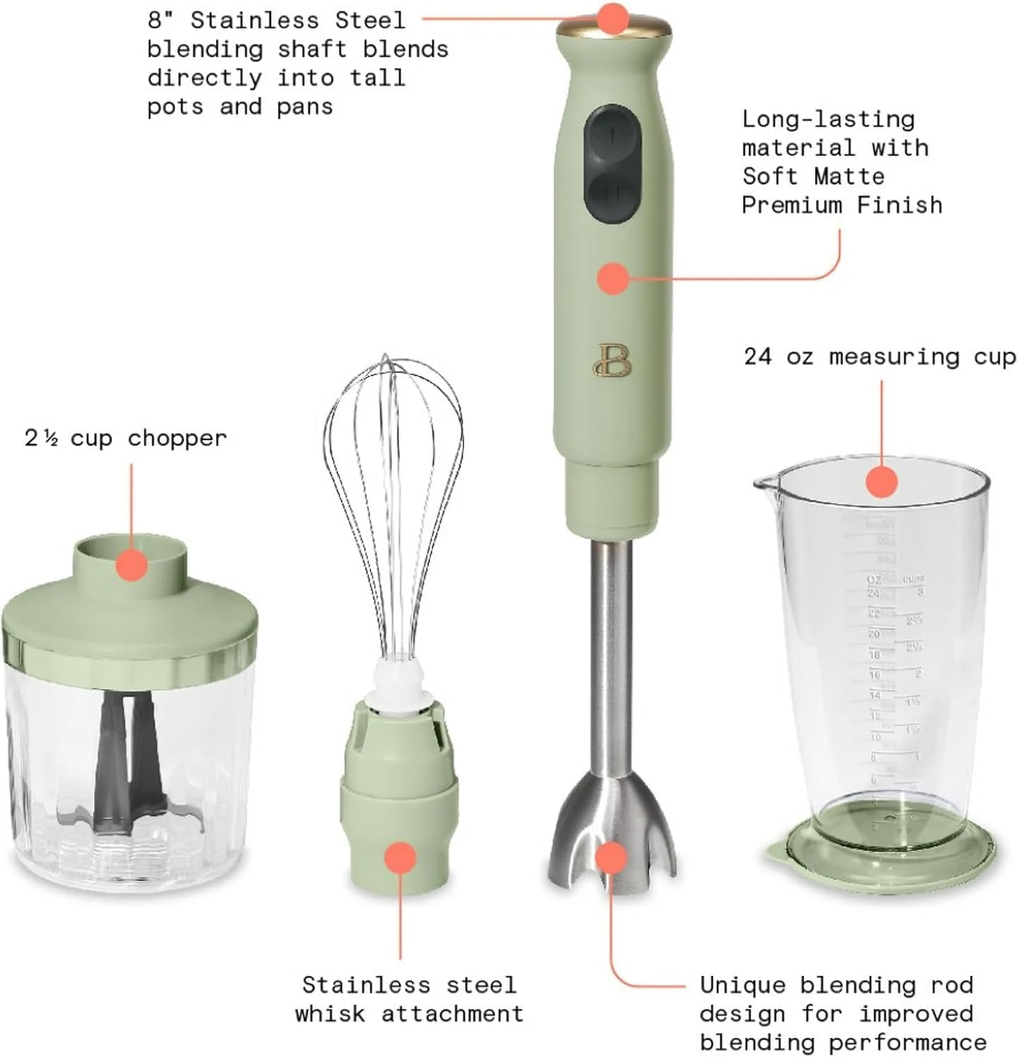 Beautiful 2-Speed Immersion Blender with Chopper & Measuring Cup, Stainless Steel Shaft, Quiet 250W Motor, Cornflower Blue Finish, Dishwasher Safe, Includes Whisk & 24 oz Beaker (Sage Green)