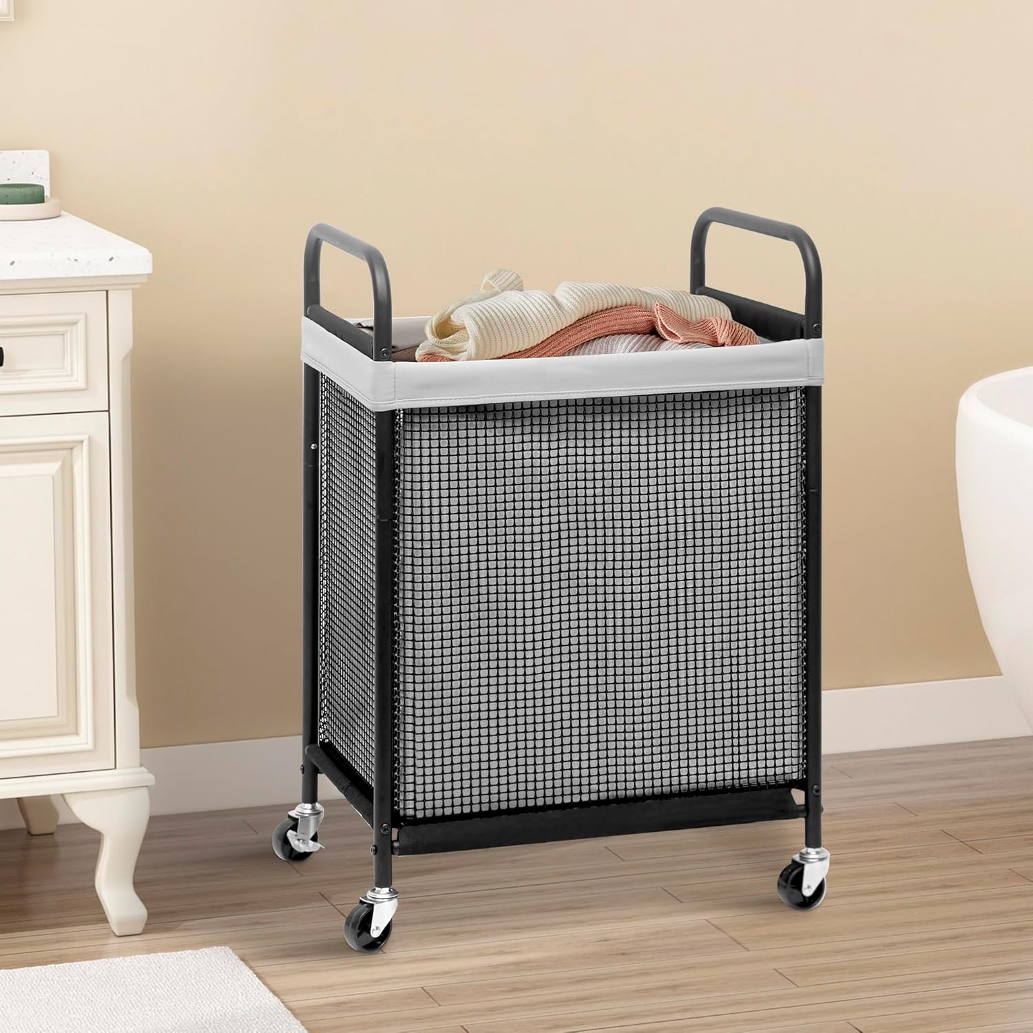 STORAGE MANIAC Rolling Laundry Hamper with Wheels 1-Section Laundry Sorter Rolling Laundrys Basket on Wheels with Removable Bag Clothes Hamper Laundrys Organizer Cart Bathroom Bedroom 90L Grey