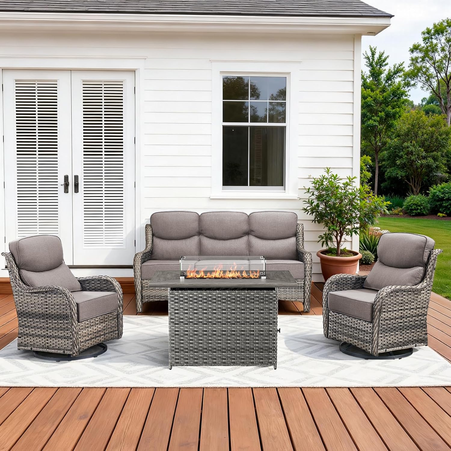 Luxury High Back Patio Furniture Set with Fire Pit Table & 6-Inch Thick Cushions, 4-Pieces Outdoor Furniture with Swivel Chairs, Wicker Conversation Set for Porch, Balcony, Deck and Yard, Grey