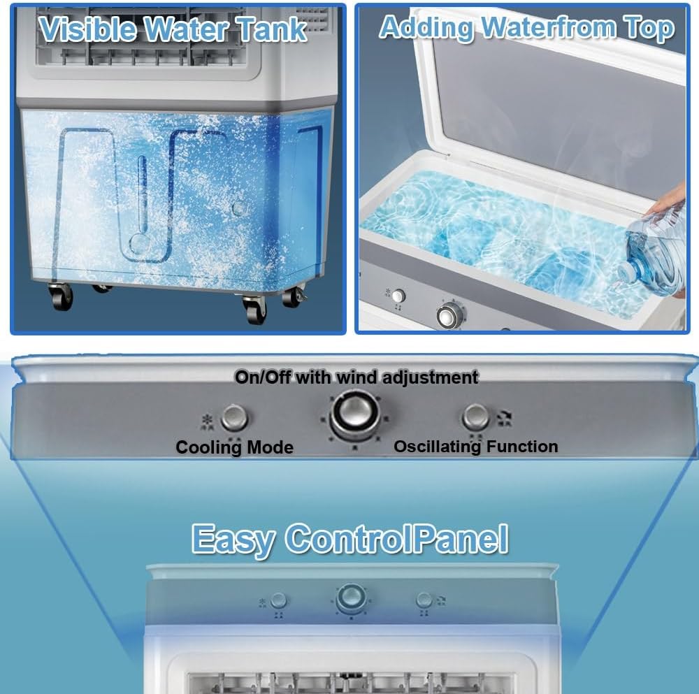 3-in-1 Evaporative Air Cooler, 9 Gal Water Tank Outdoor Air Conditioner, 120° Oscillation Swamp Cooler, 32inch Portable Cooling Fan For Indoor＆Outdoor