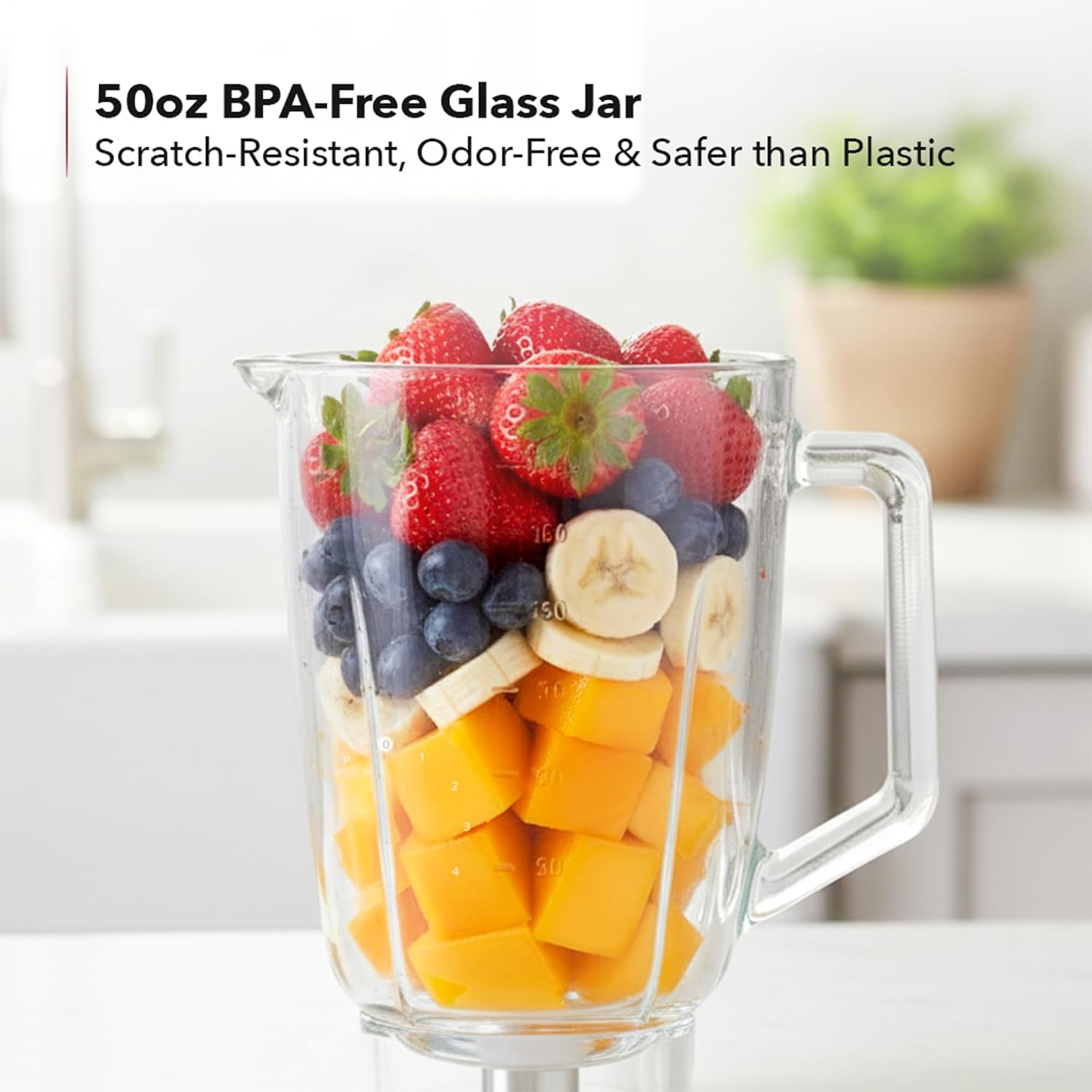 OVENTE Countertop Blender for Shakes and Smoothies with 550W Motor, 50 Oz Glass Jar and Adjustable 4 Speed Settings Ideal for Frozen Fruit Drinks, Puree, Ice Crush, Sauces and More, Blue BLH2604LBL