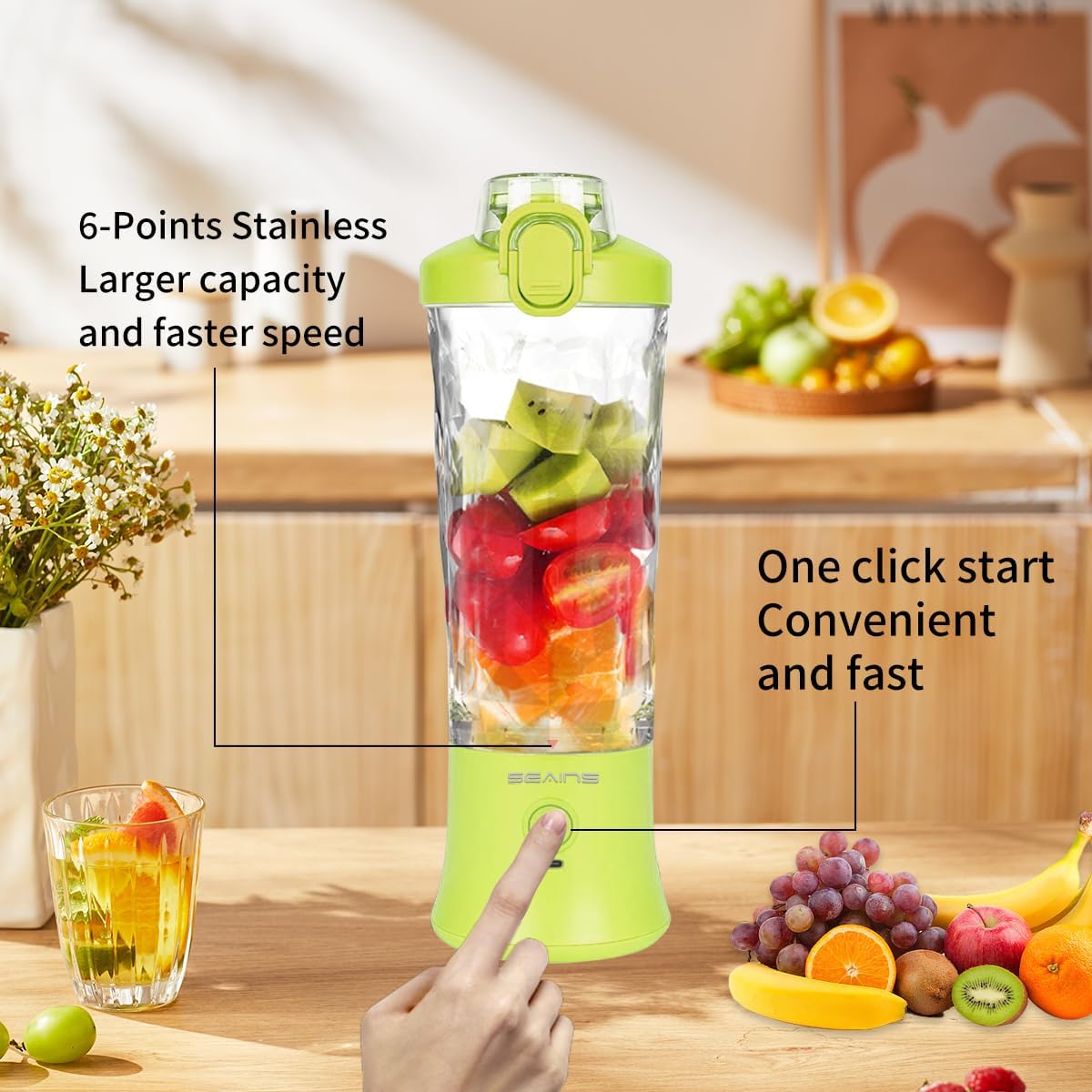 Portable Blender for Shakes and Smoothies With 20 Oz Travel Cup and Lid, Mini Personal Size With 6 Blades, USB Rechargeable for Gym, Kitchen and Outdoors (Yellow)