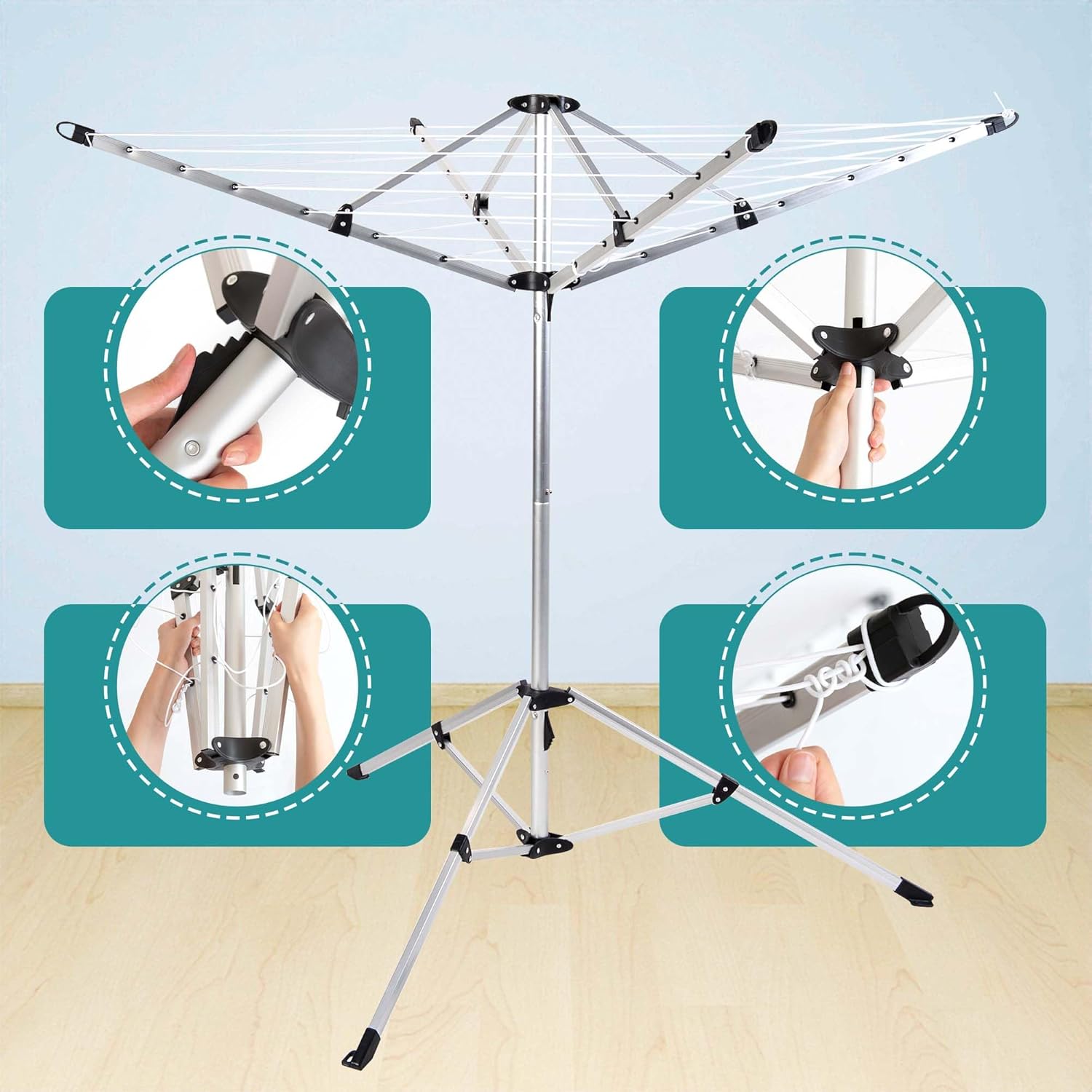 Umbrella Drying Rack, Retractable Outdoor/Indoor Drying Rack, 65 ft Long Clothesline, Portbale Clothing Dryer Rack for Laundry Room Garden, with 3 Legs