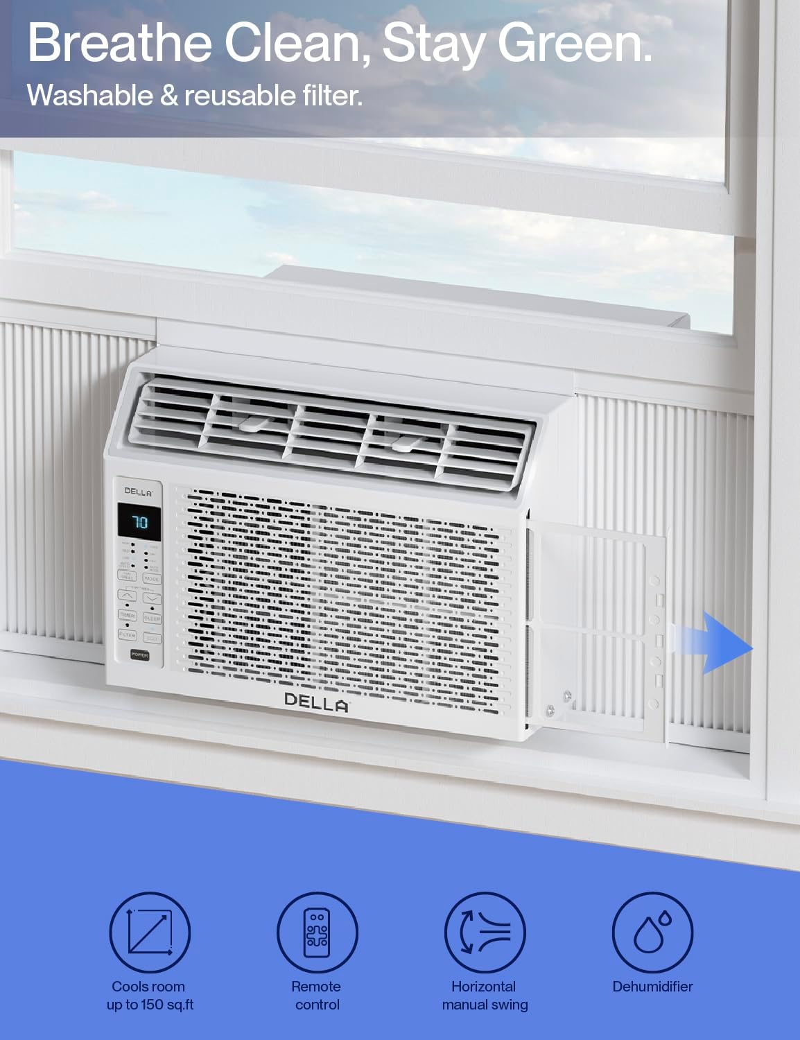 DELLA 5000 BTU Smart Window Air Conditioner Compatible with Alexa, Cools Up to 150 Sq. Ft, Small Room AC Unit with GEO Location, WIFI & Remote Controls, Dehumidifier, Fan Cools, Eco, Easy Install