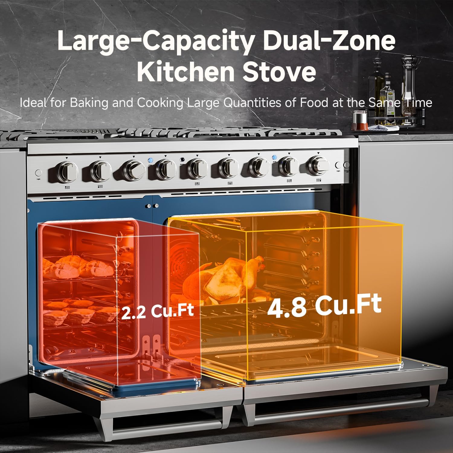 AAOBOSI 48 Inch Freestanding Gas Range Ovens with 7.0 cu.ft Large Capacity Double Convection Ovens, 6 Sealed Burners Plus Iron Grill Burner, Stainless Steel Gas Range Stove with NG/LPG Convertible